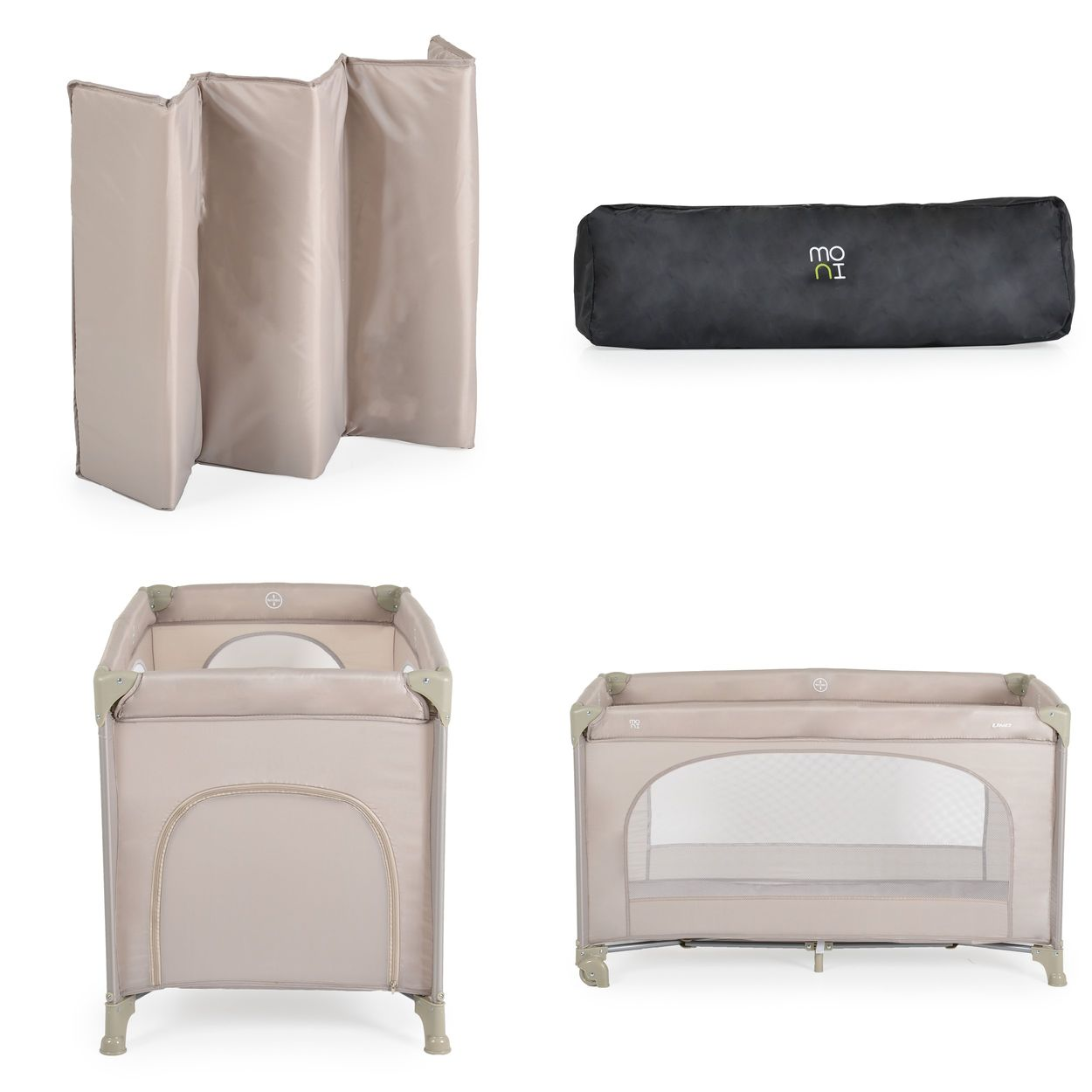 Vier Bilder. Ein beiger Faltvorhang, eine schwarze Reisetasche und zwei beige Reisebetten.