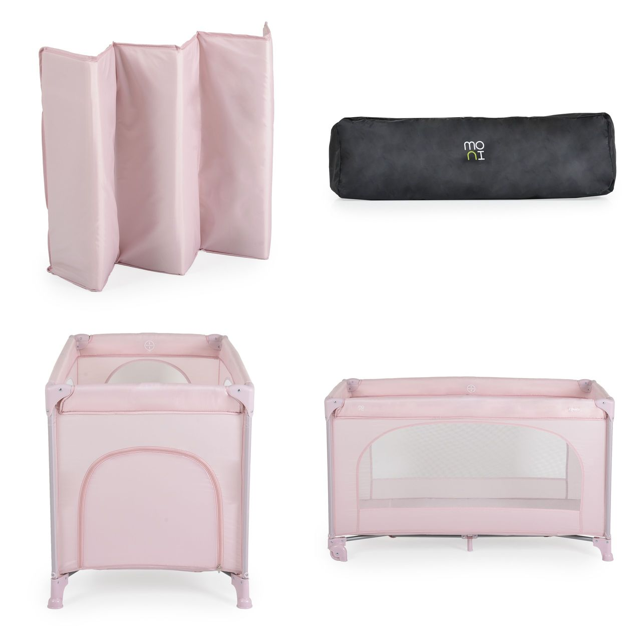 Vier Bilder zeigen eine rosa Faltspielmatte, eine schwarze Reisetasche und einen rosa Baby-Laufstall.