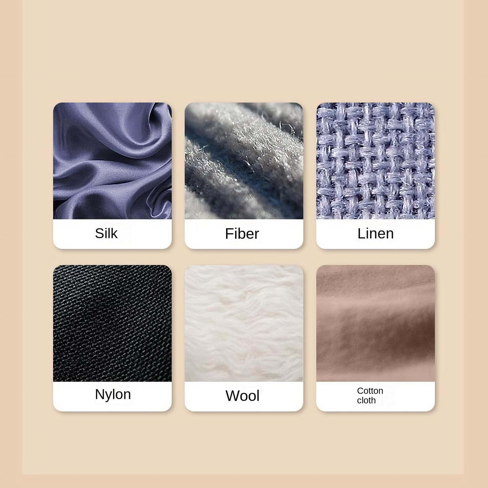 Sechs Stoffmuster: Seide, Faser, Leinen, Nylon, Wolle und Baumwolltuch, jeweils mit beschreibender Beschriftung.