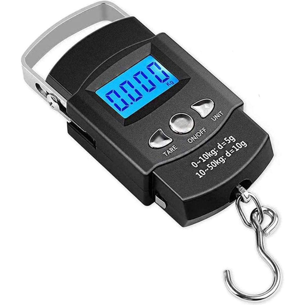 Schwarze digitale Gepäckwaage mit Haken. Die Anzeige zeigt 0,000 kg und Knöpfe.