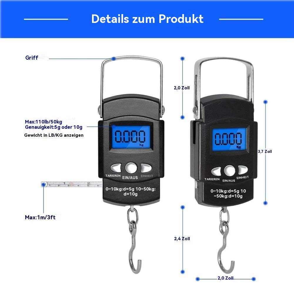 Zwei Hängewaagen werden gezeigt, die Abmessungen und das maximale Gewicht detailliert angeben.