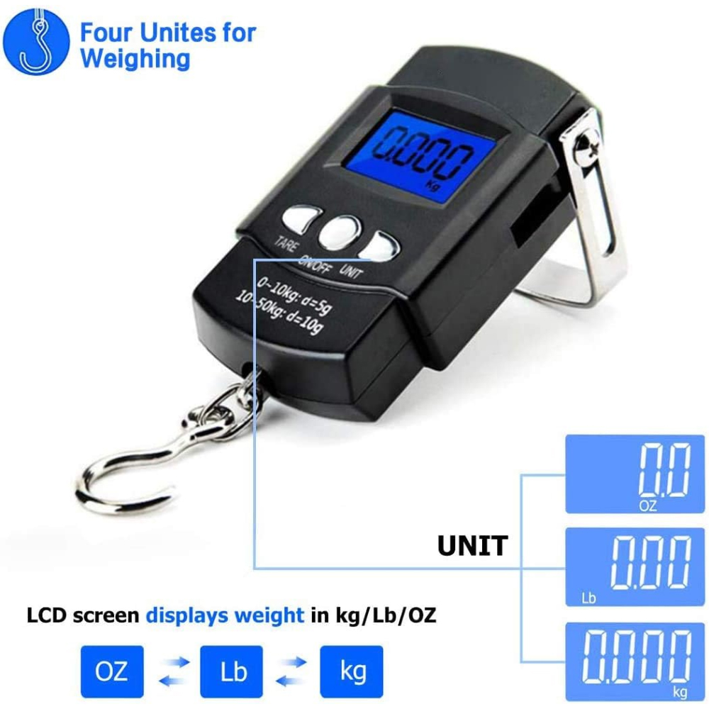 Schwarze digitale Gepäckwaage mit Haken und Anzeige von 0,000 kg, lb und oz.