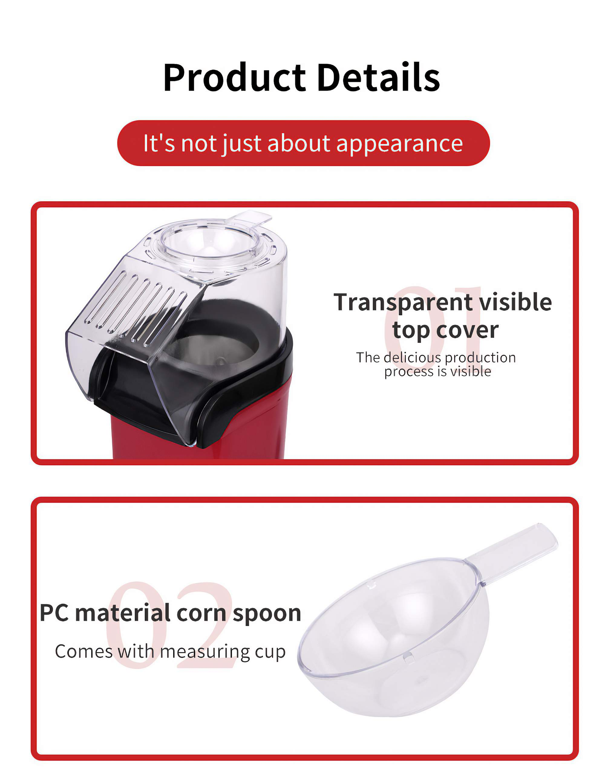 Produktdetails: ein roter Popcornmaker mit transparentem Deckel und Messbecher.