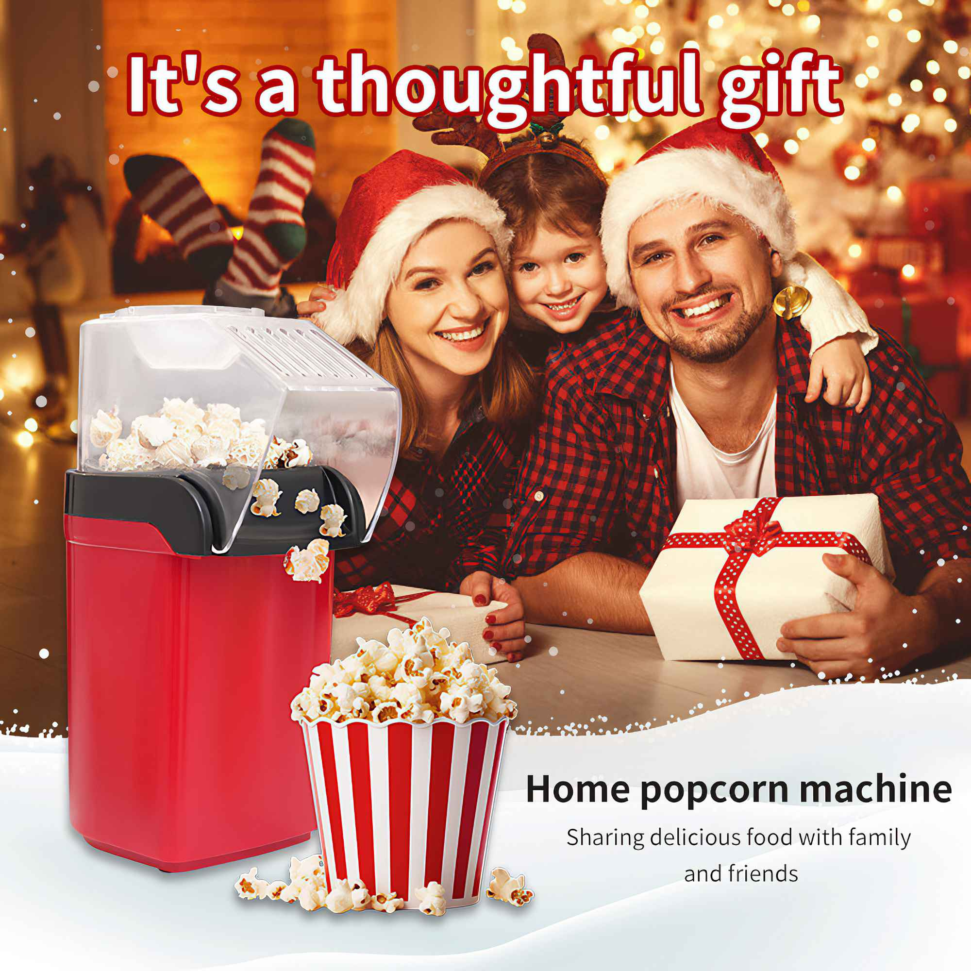 Eine Familie lächelt in der Nähe einer roten Popcornmaschine, Popcorn quillt heraus, ein Geschenk wird gehalten.