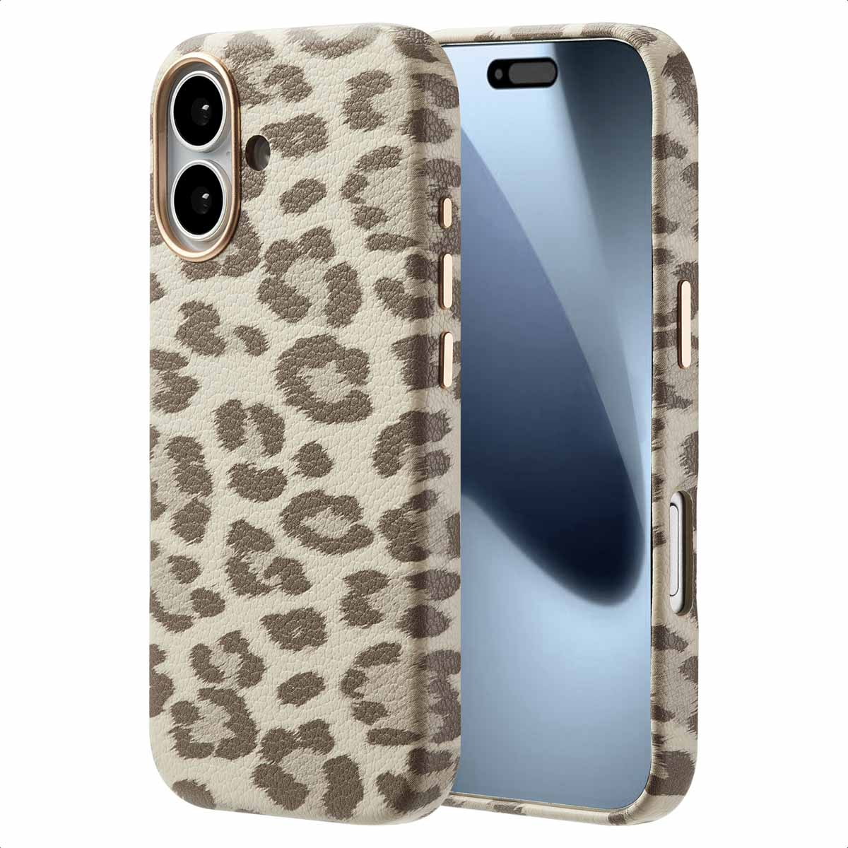 Een close-up van een telefoonhoesje met luipaardprintontwerp, met een telefoon erin. De hoes heeft gouden rand.