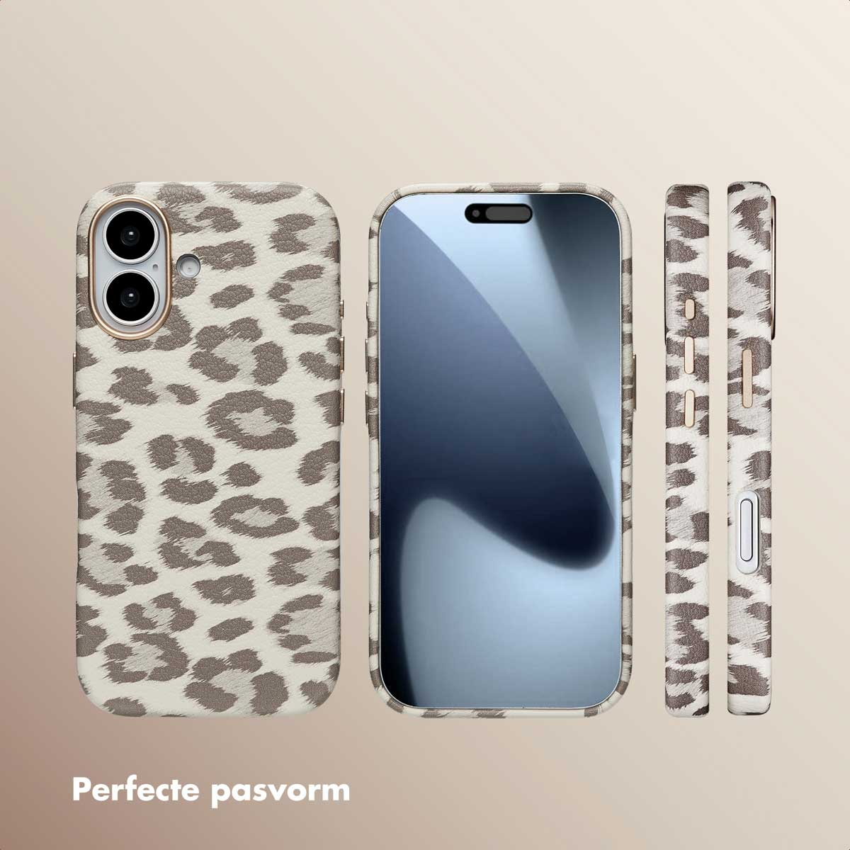 Telefoonhoesje met luipaardprintontwerp. De afbeelding toont het telefoonhoesje vanuit verschillende hoeken met een bijpassende telefoon.