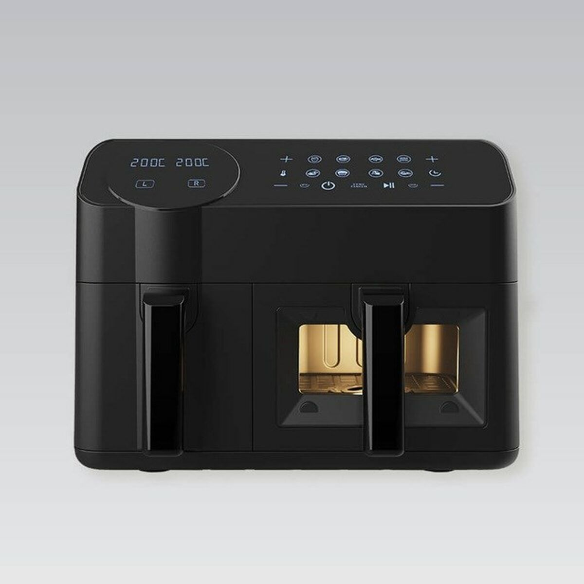 Czarna frytownica beztłuszczowa z dwoma komorami, wyświetlaczem cyfrowym, z uchwytami i panelem sterowania.