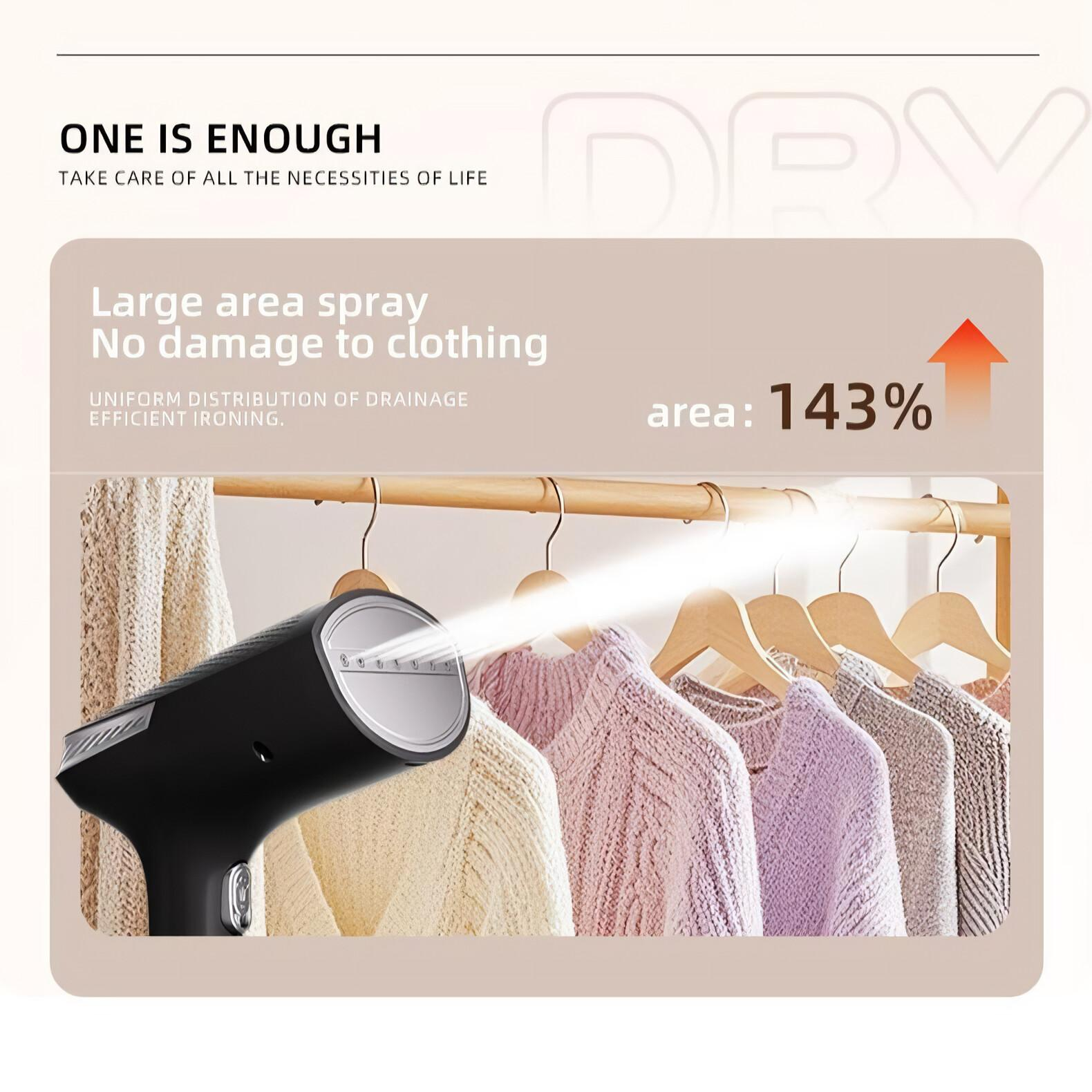 Ein Kleiderdampfer dampft Kleidung auf einem Gestell. Die Kleidung ist unterschiedlich gefärbt. Text über Bereich: 143%.
