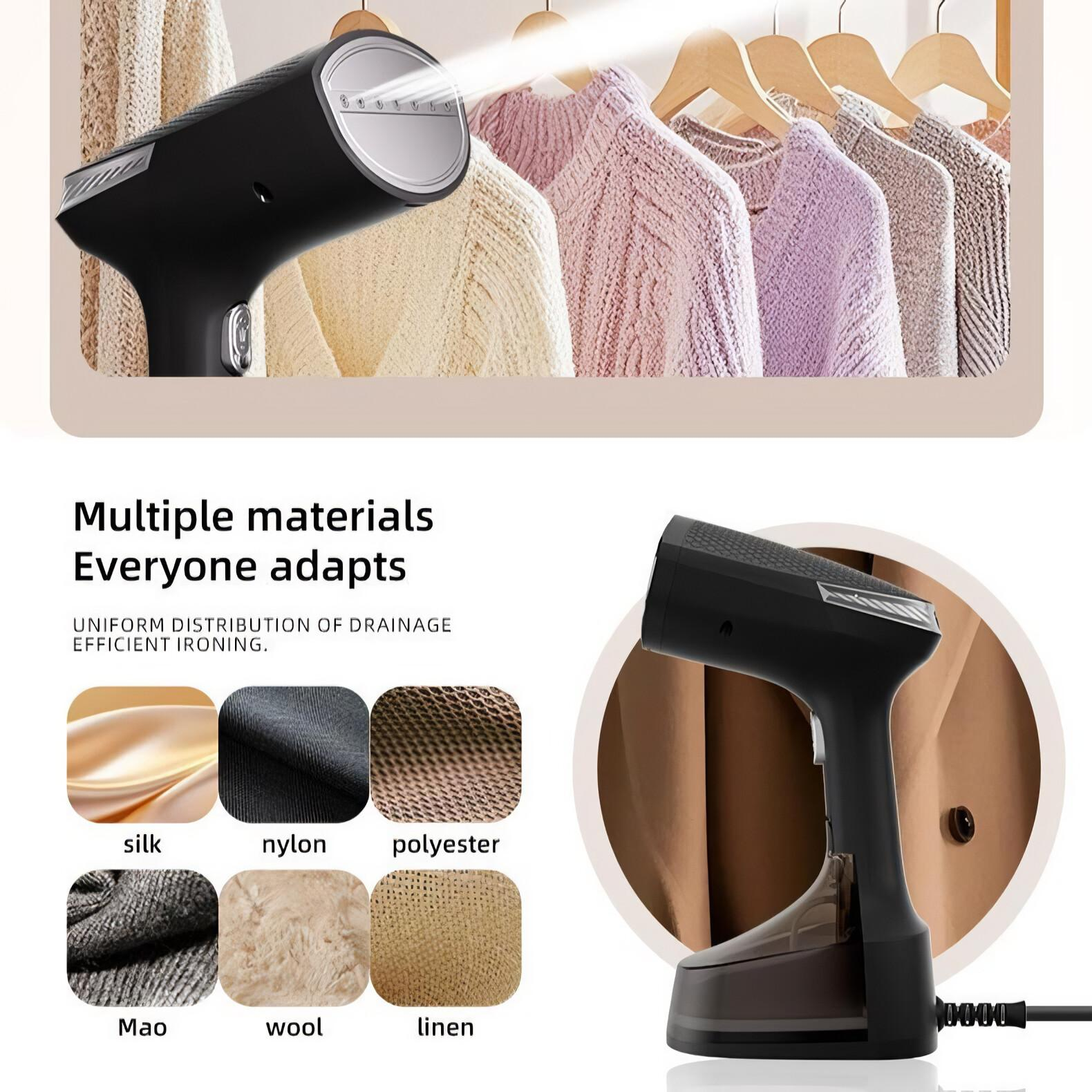 Kleidung auf Bügeln bügeln. Seide, Nylon, Polyester, Mao, Wolle und Leinen Stoffmuster werden gezeigt.