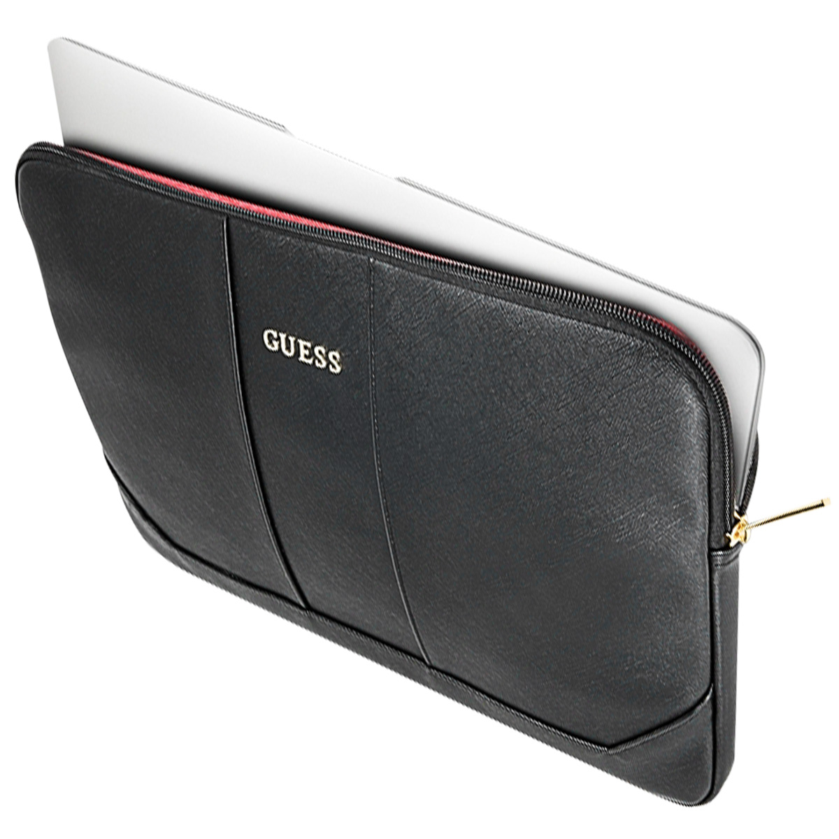 Zwarte laptoptas met een laptop erin. De tas heeft het woord 'GUESS' in zilver.