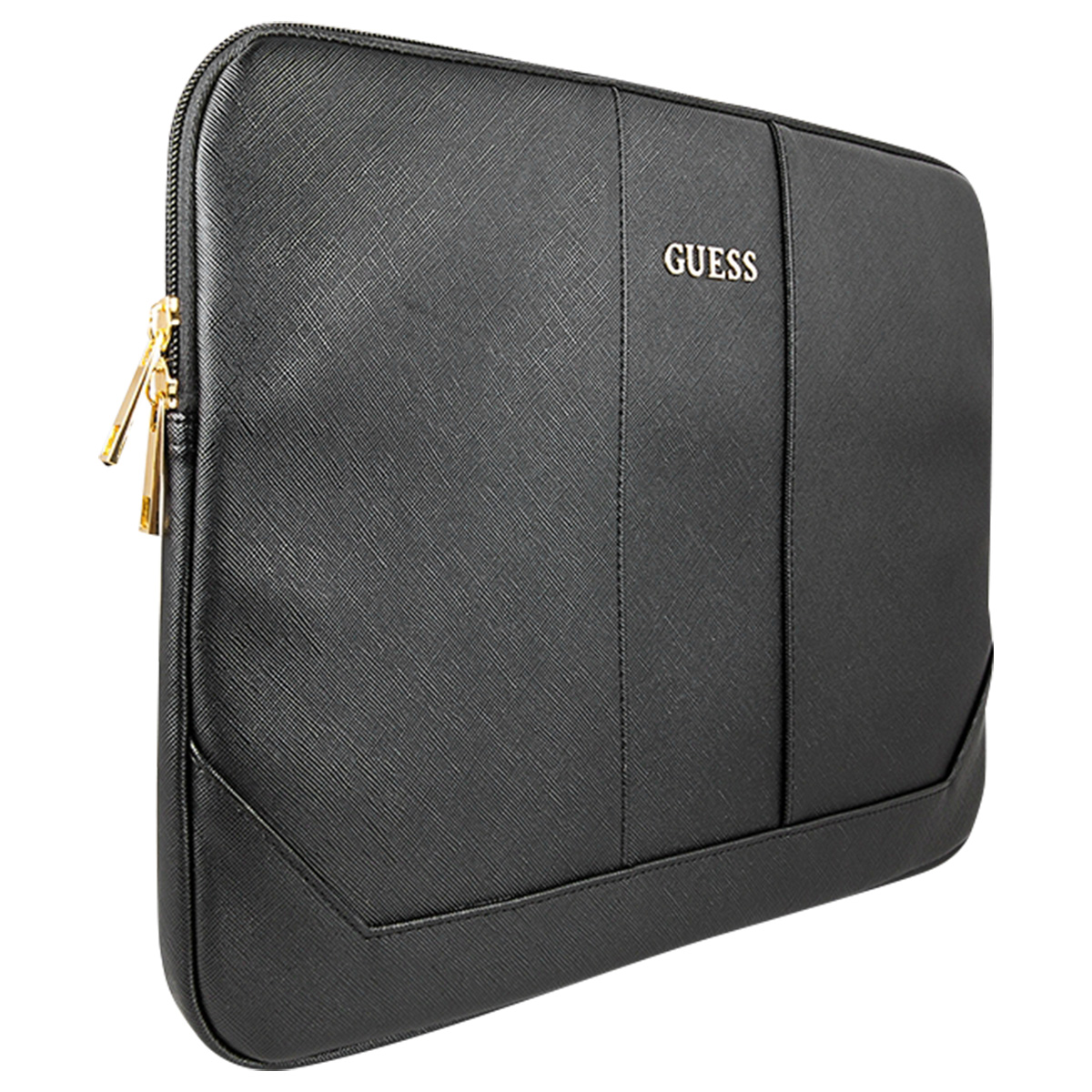 Zwarte laptoptas met een gouden rits en het woord GUESS in goud.