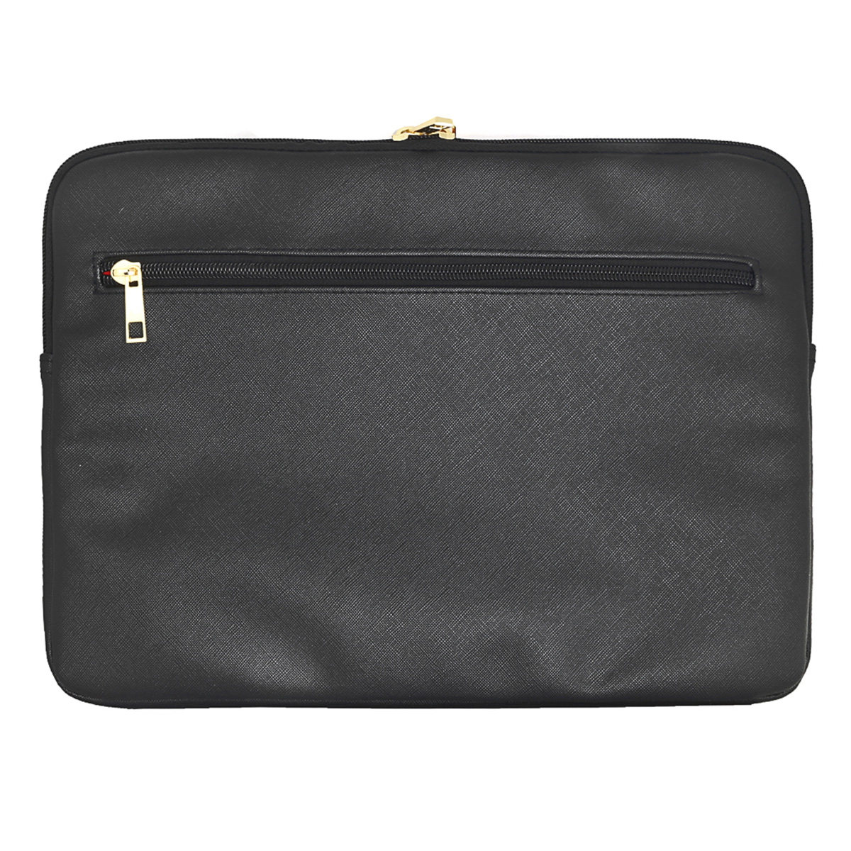 Zwarte laptoptas met een rits en een klein vakje. De achtergrond is wit.
