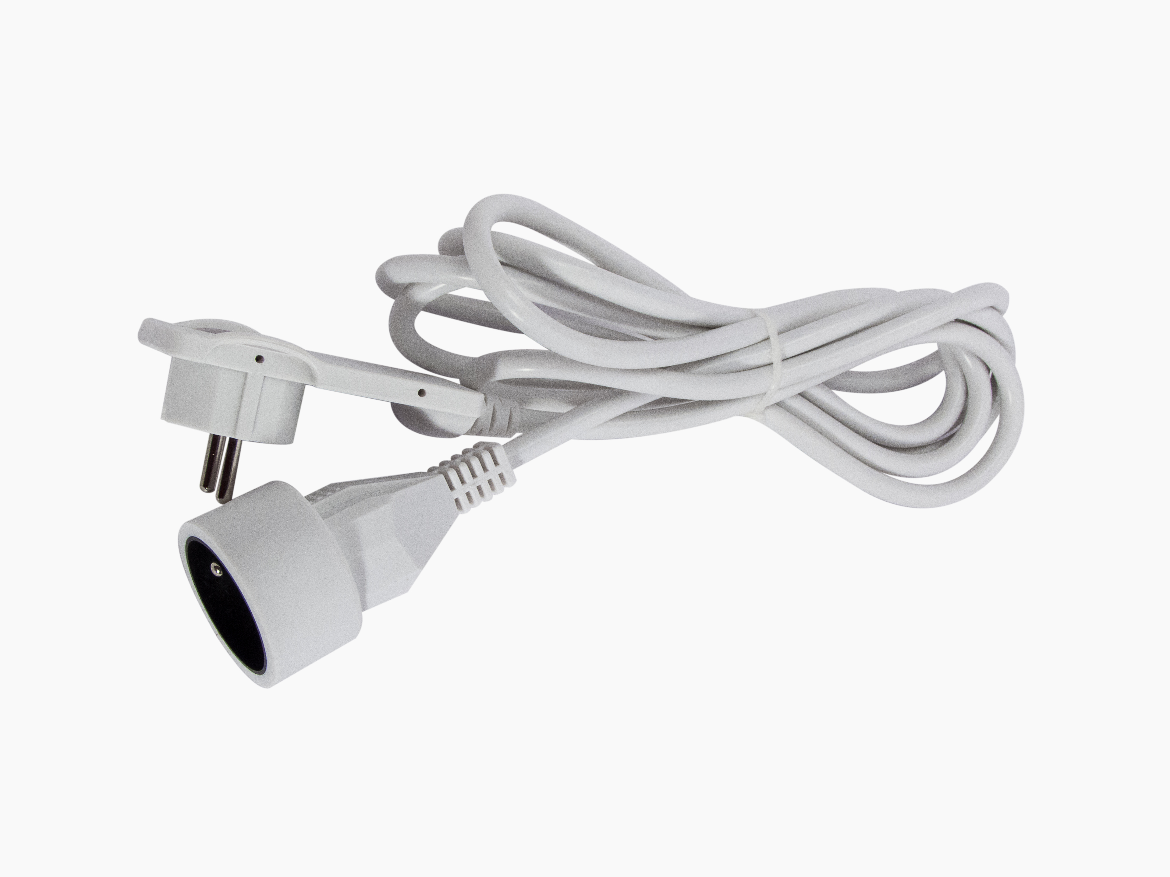 Biały kabel zasilający z dwoma złączami, jednym z trzema pinami, a drugim z okrągłym gniazdem.