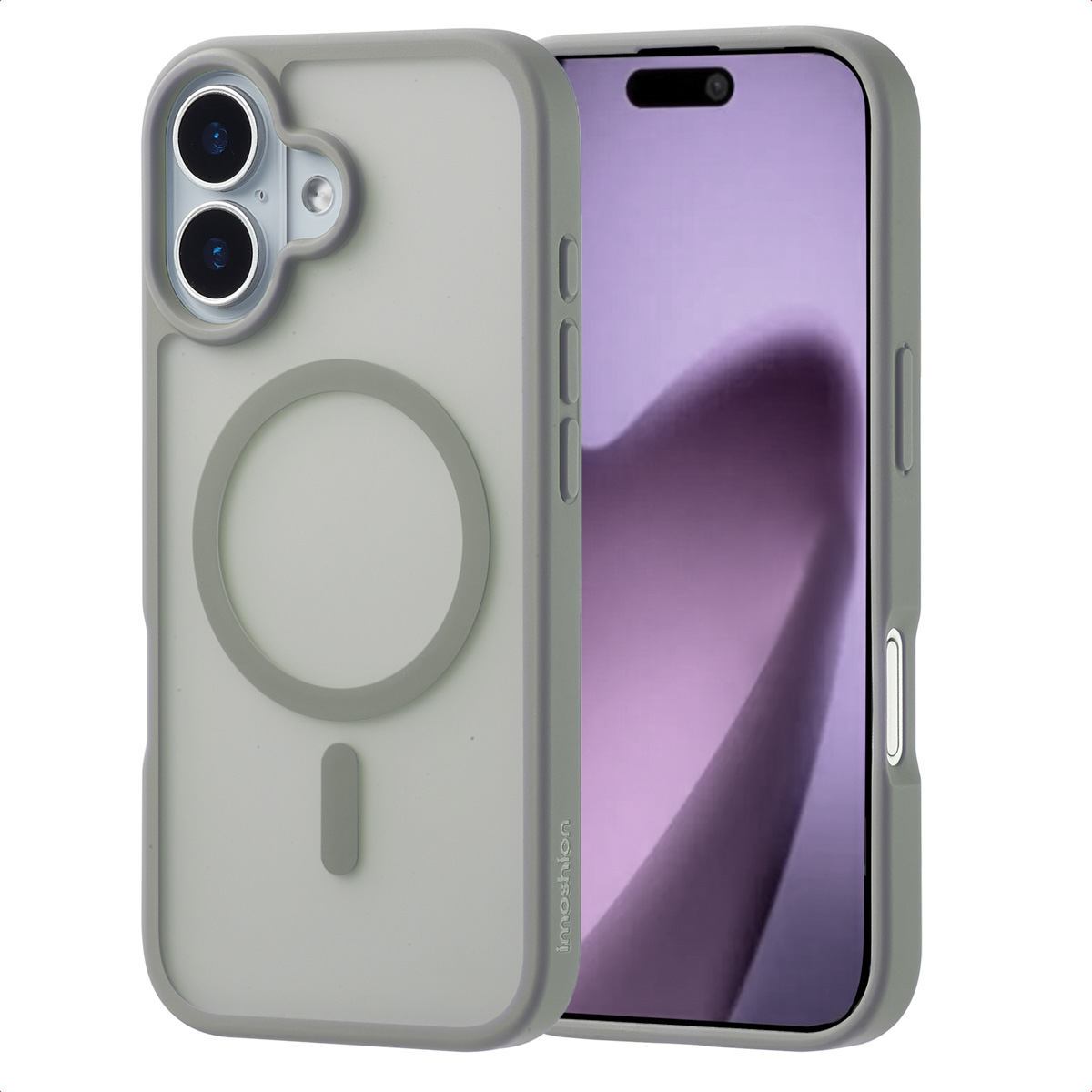 Een telefoonhoesje in lichtgroen met een telefoon en een MagSafe-cirkel op de achterkant.