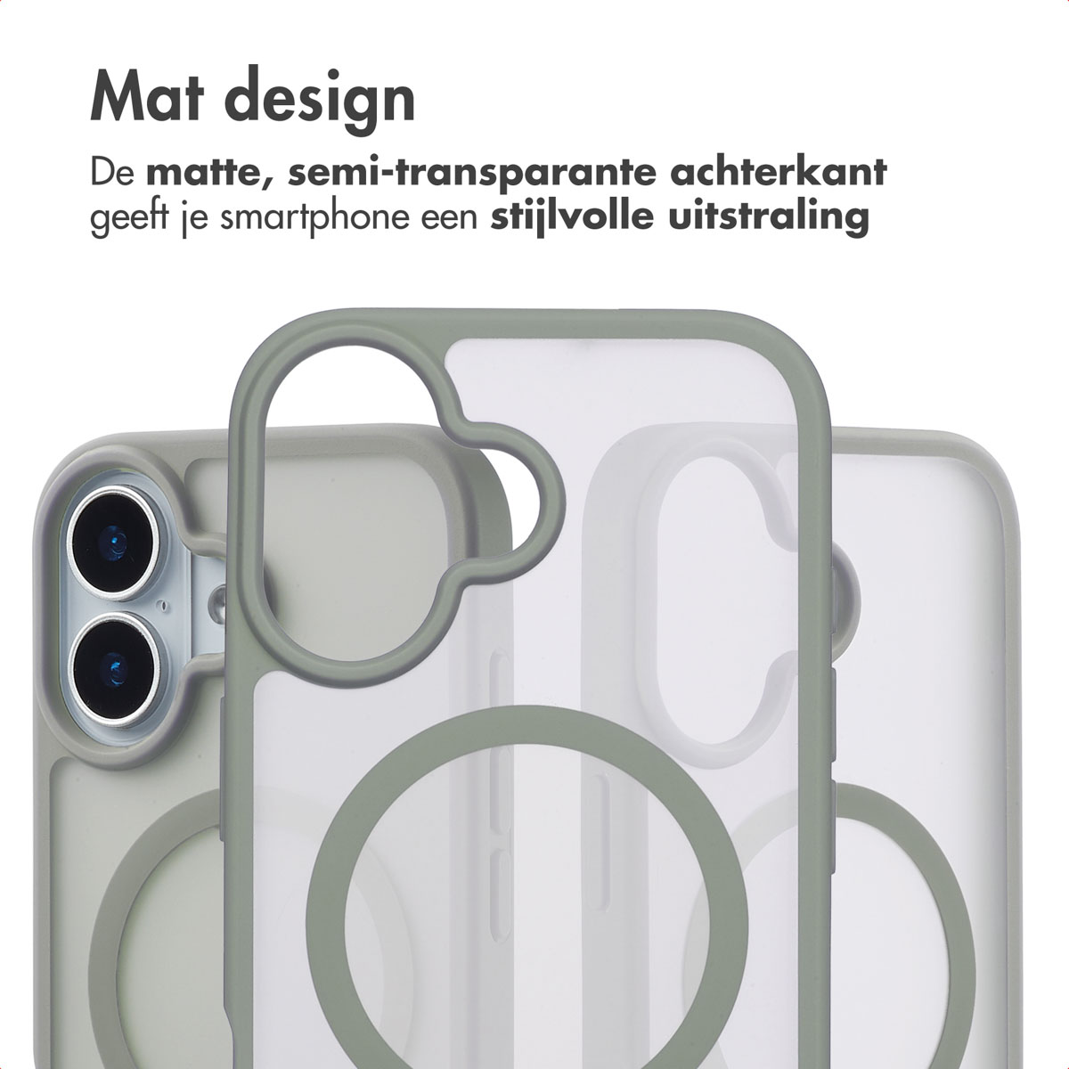 Een telefoonhoesje in grijsgroene kleur, met een cirkel en een lijn op de achterkant.