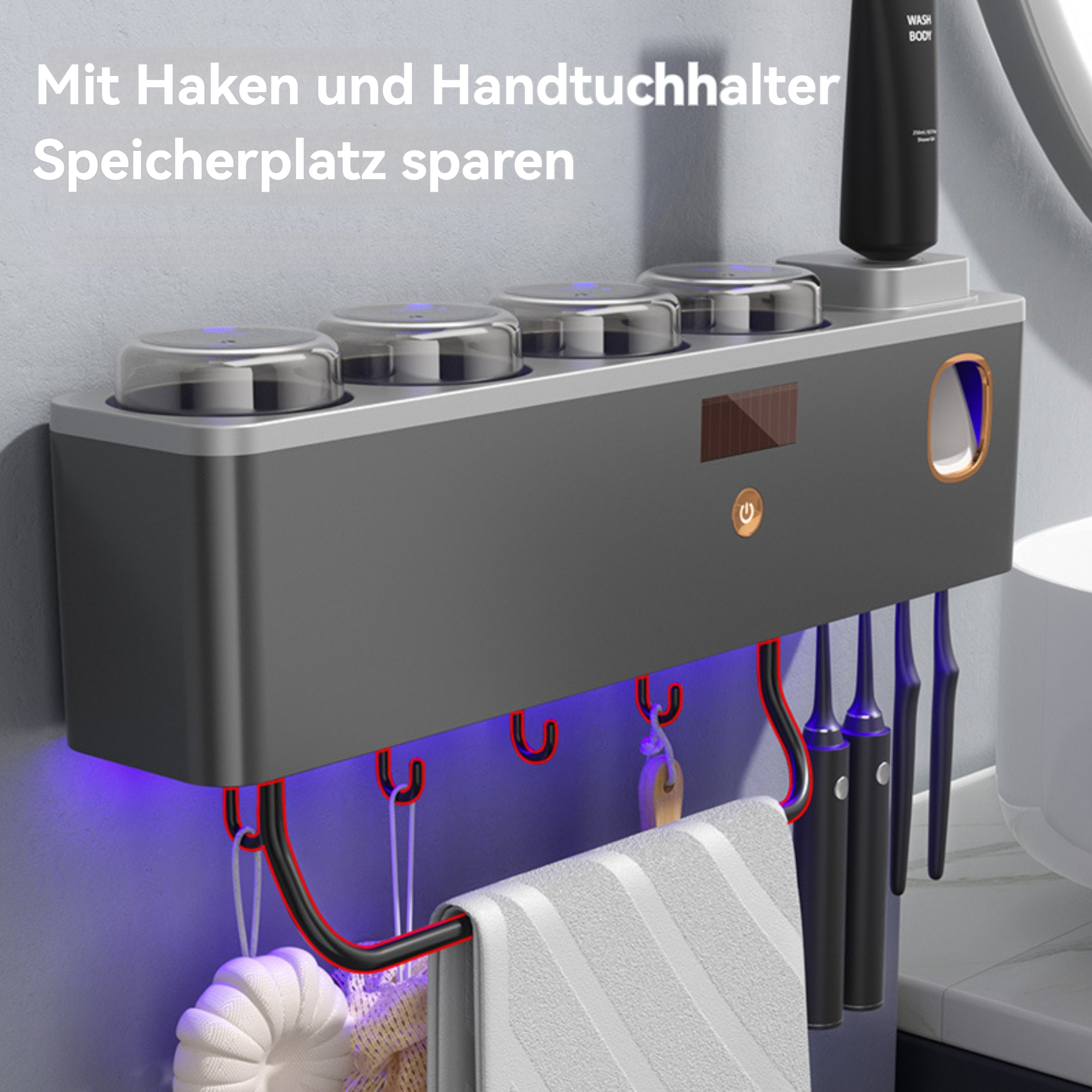 Badezimmer-Organizer mit Zahnbürstenhaltern, Handtuchstange und Haken, mit deutschem Text, der auf platzsparende Funktionen hinweist.