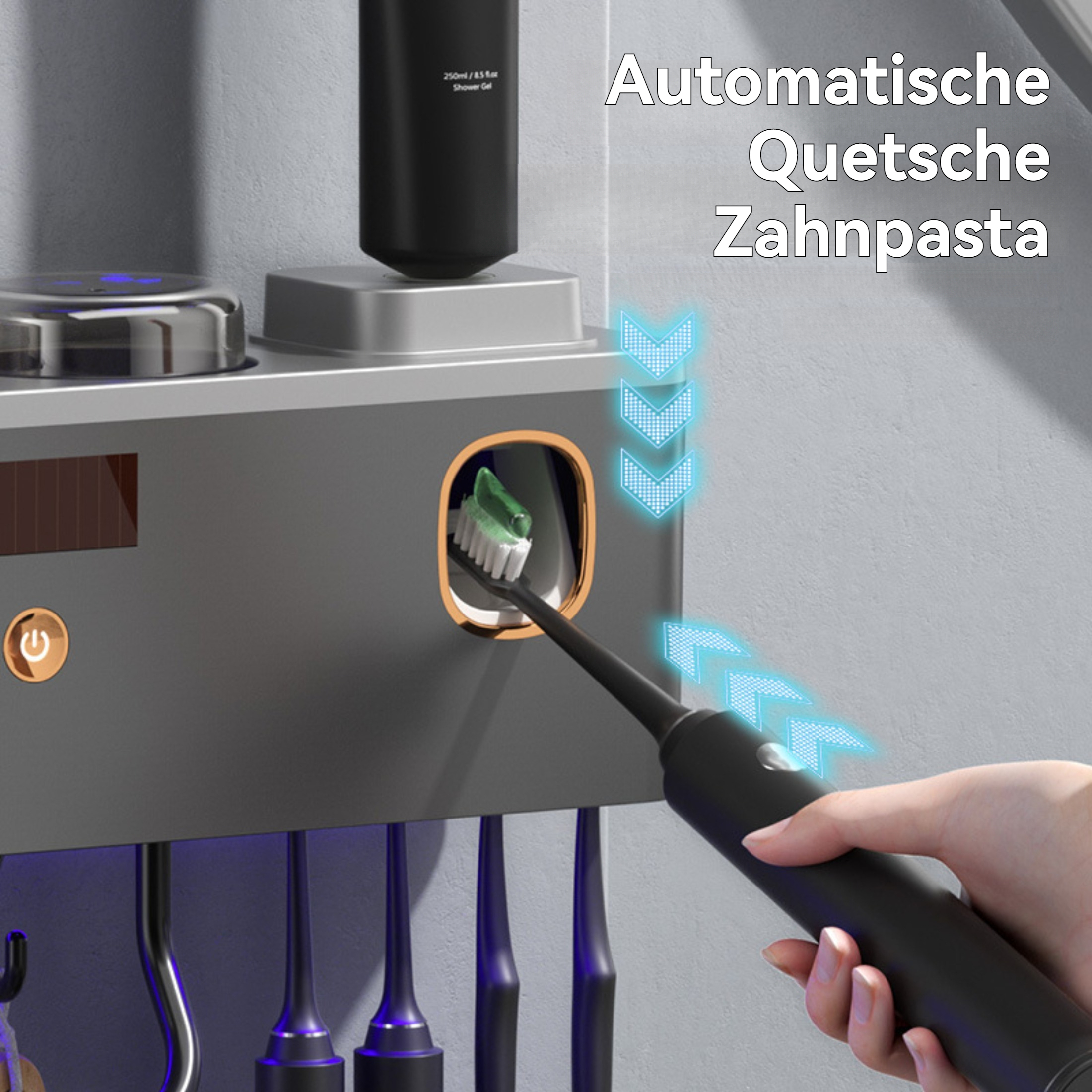Ein grauer Badezimmer-Organizer mit automatischem Zahnpastaspender, Zahnbürstenhaltern und deutschem Text-Overlay.