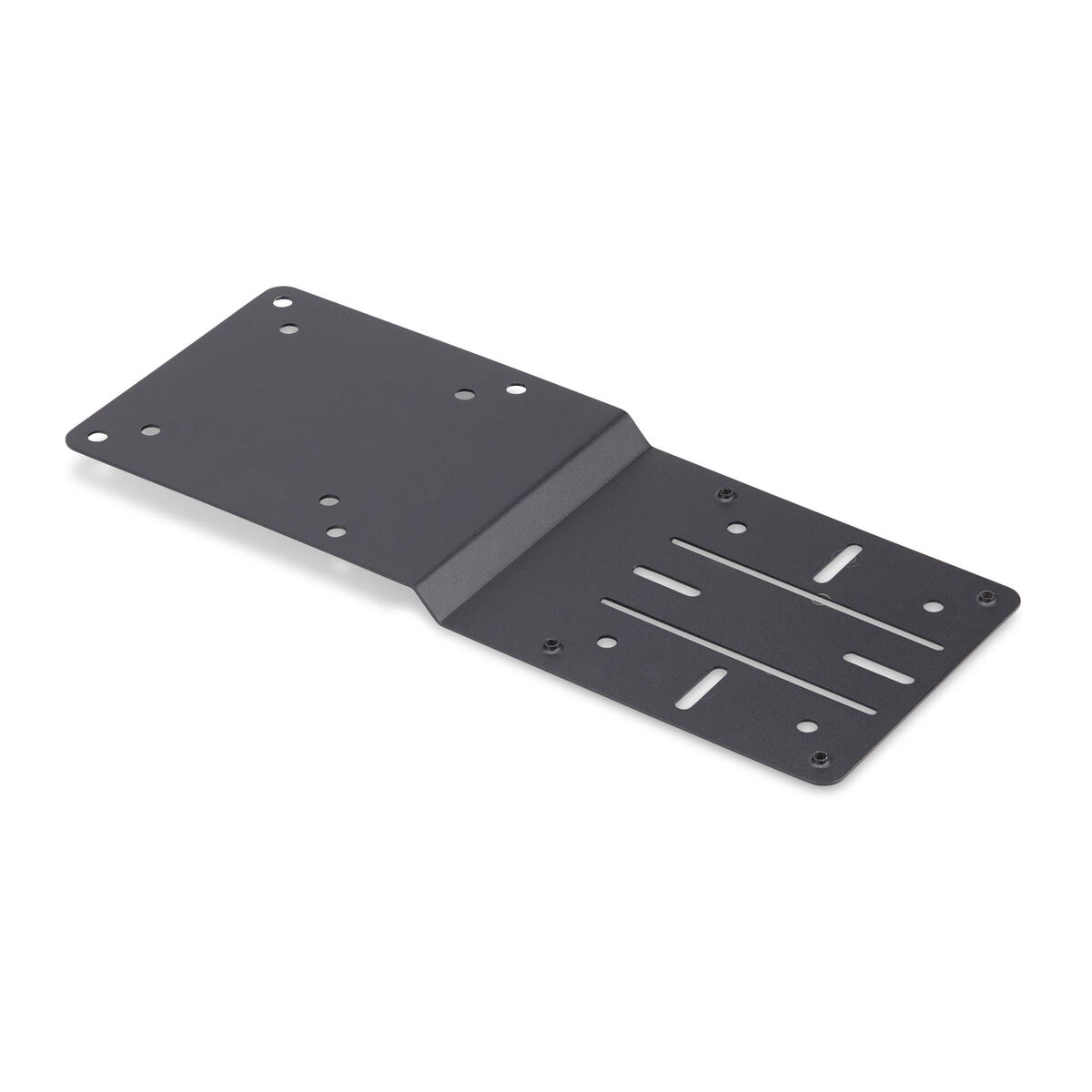 Eine schwarze Metall-VESA-Montagehalterung mit mehreren Löchern und Schlitzen zur Befestigung von Geräten an Monitoren oder Wänden.