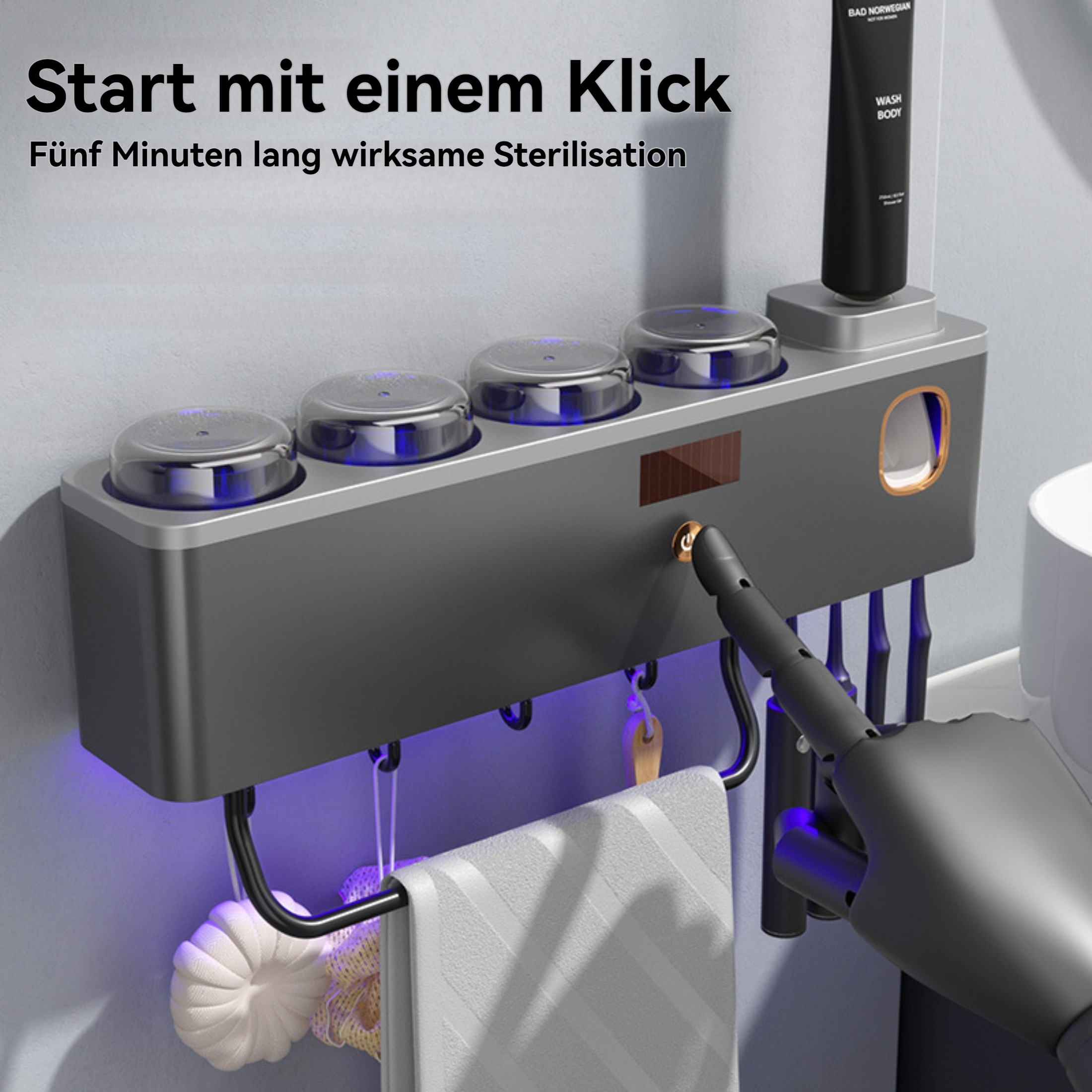 Badezimmer-Organizer mit Zahnbürstenhaltern, Handtuchstange und deutschem Text, der eine Sterilisation mit einem Klick anzeigt.
