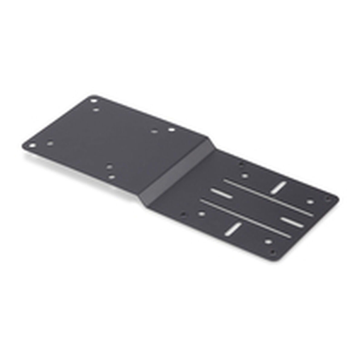 Eine schwarze Metall-VESA-Montagehalterung mit mehreren Löchern und Schlitzen zur Befestigung von Geräten an Monitoren oder Wänden.