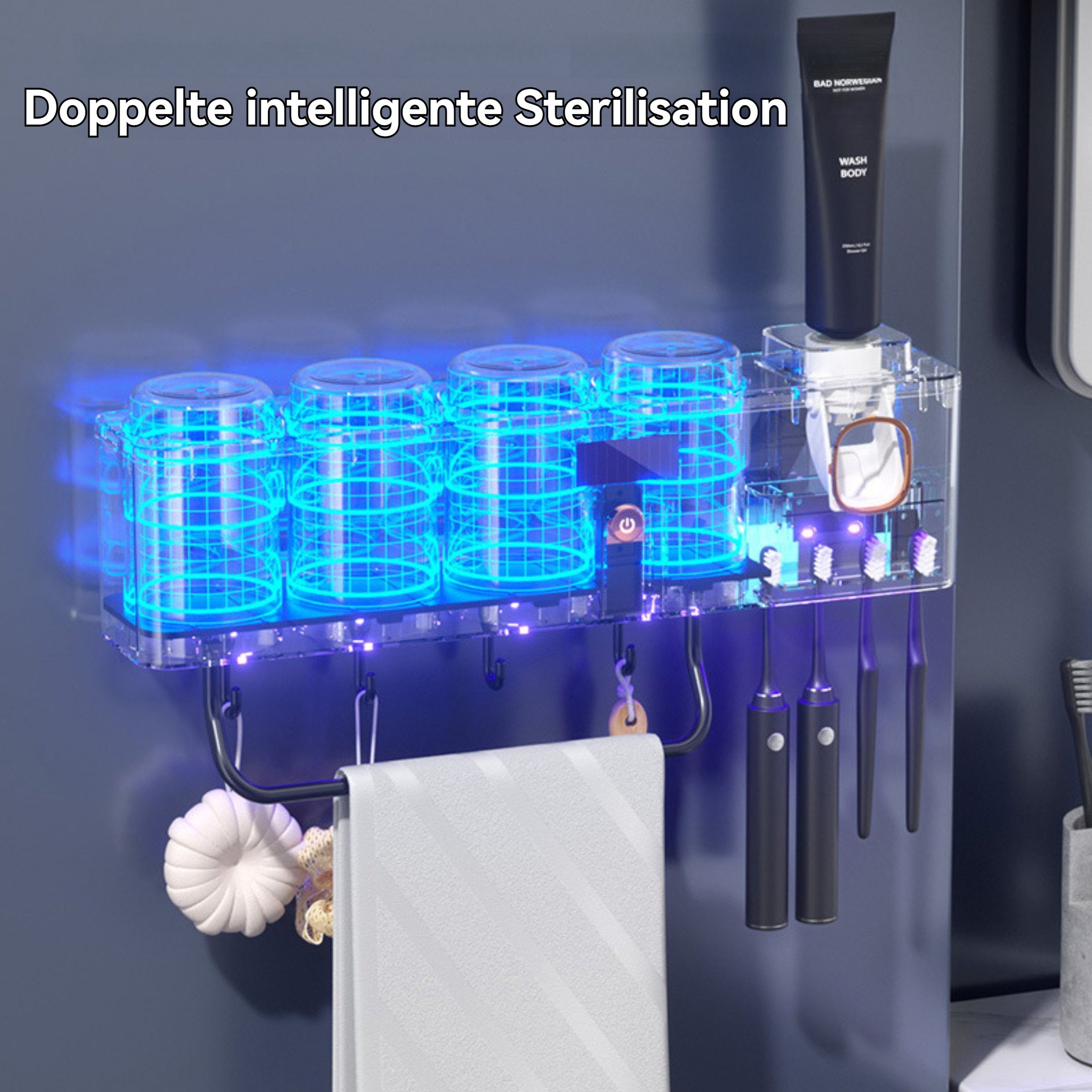Badezimmer-Organizer mit Zahnbürstenhaltern, Handtuchstange und deutschem Text, der auf doppelte intelligente Sterilisation hinweist.