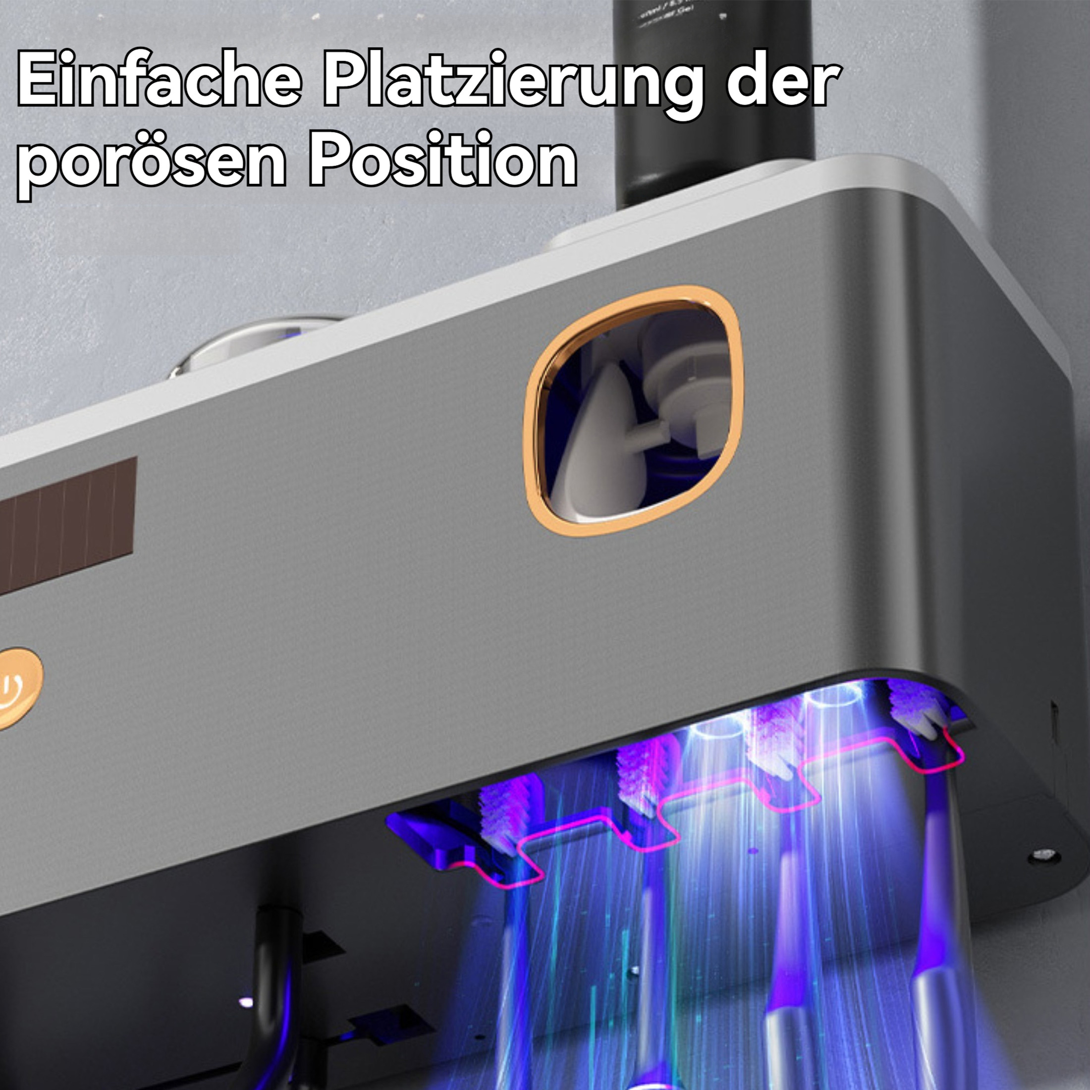 Nahaufnahme eines grauen Badezimmer-Organizers mit Zahnbürstenhaltern und deutschem Text, der die einfache Platzierung hervorhebt.