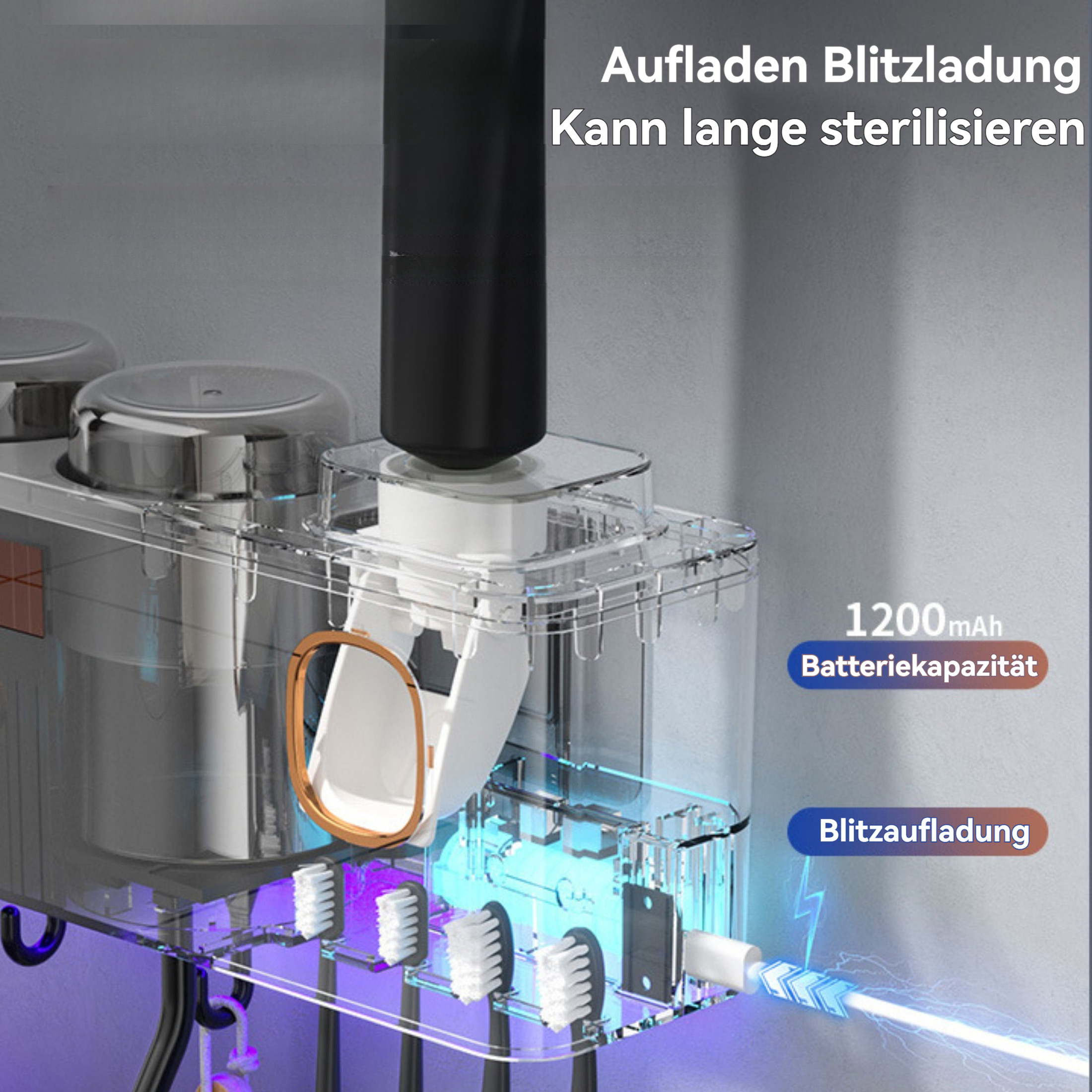 Elektrische Zahnbürstenhalterung mit Lade- und UV-Sterilisation. Verfügt über eine Zahnbürste und eine Ladestation.