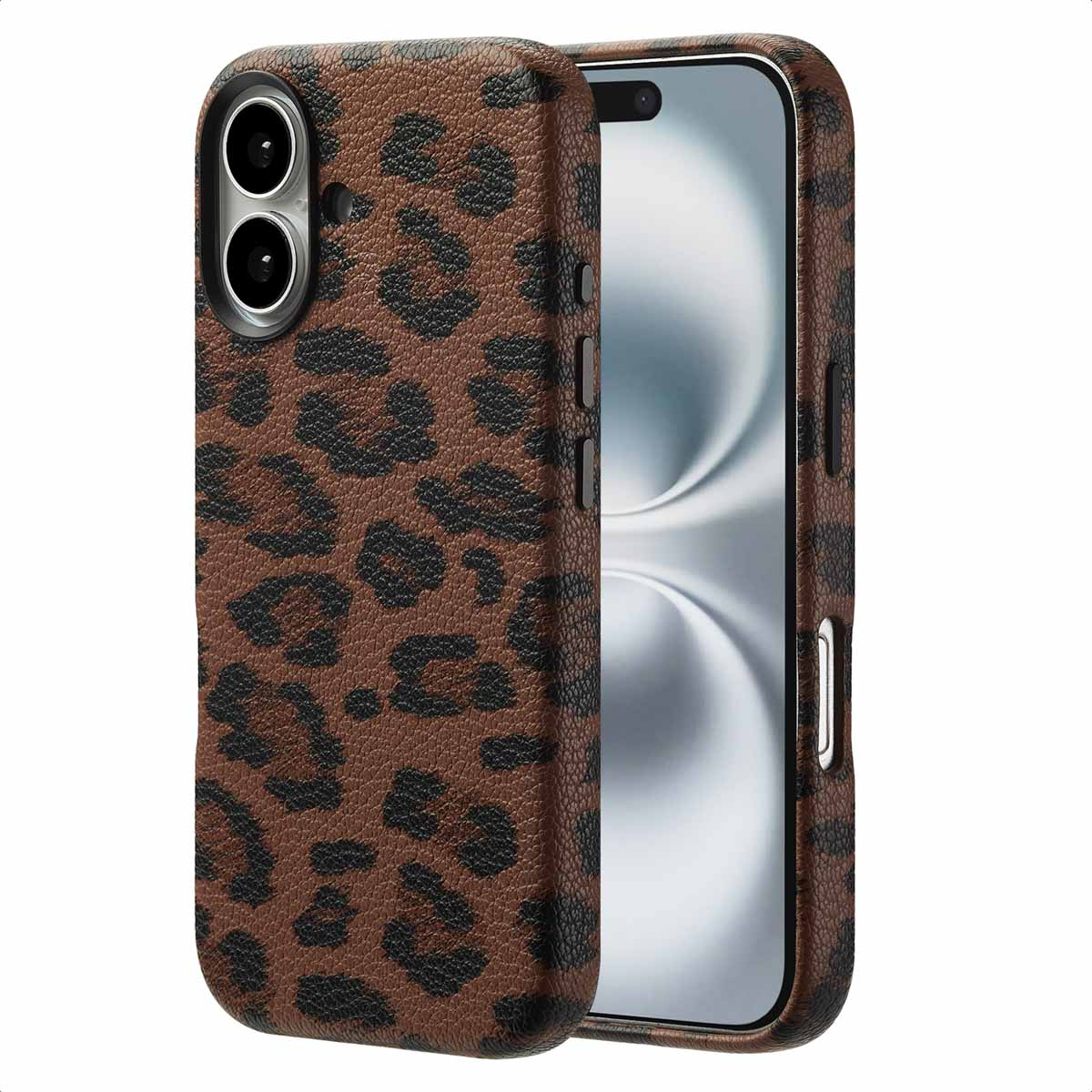 Een bruin telefoonhoesje met een luipaardprint op een lichte achtergrond.