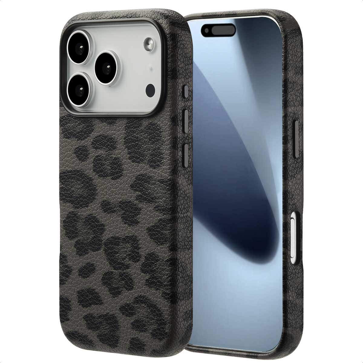 Una custodia per telefono con stampa leopardata, che mostra lo schermo, su sfondo chiaro.