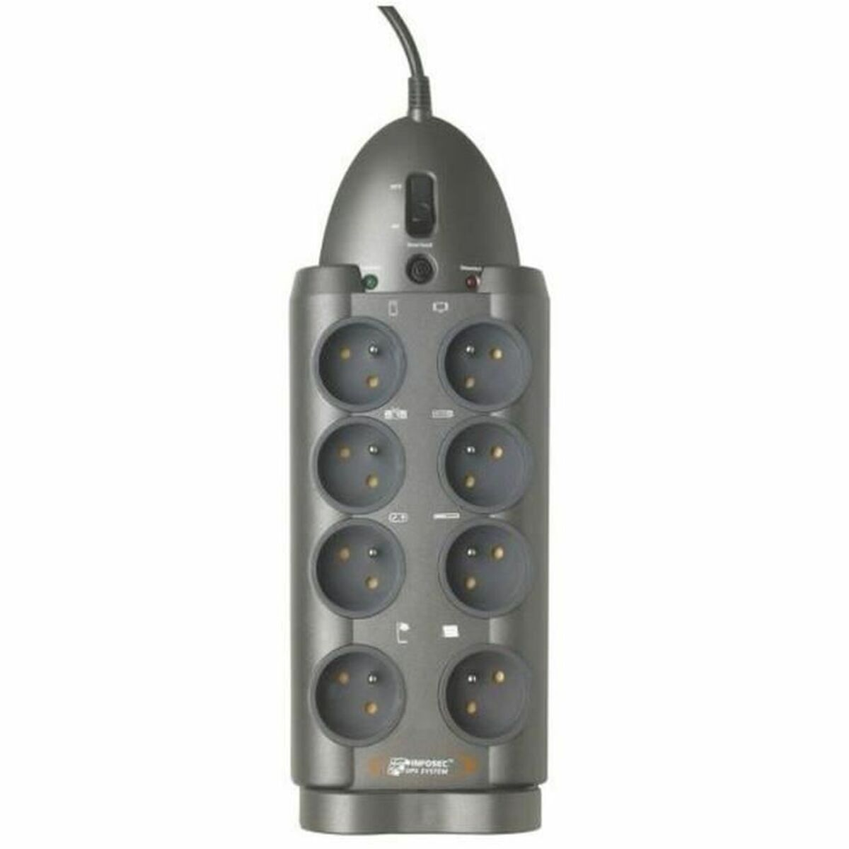 Szara, cylindryczna listwa zasilająca z wieloma gniazdami. Ma przycisk zasilania i kontrolkę zasilania.