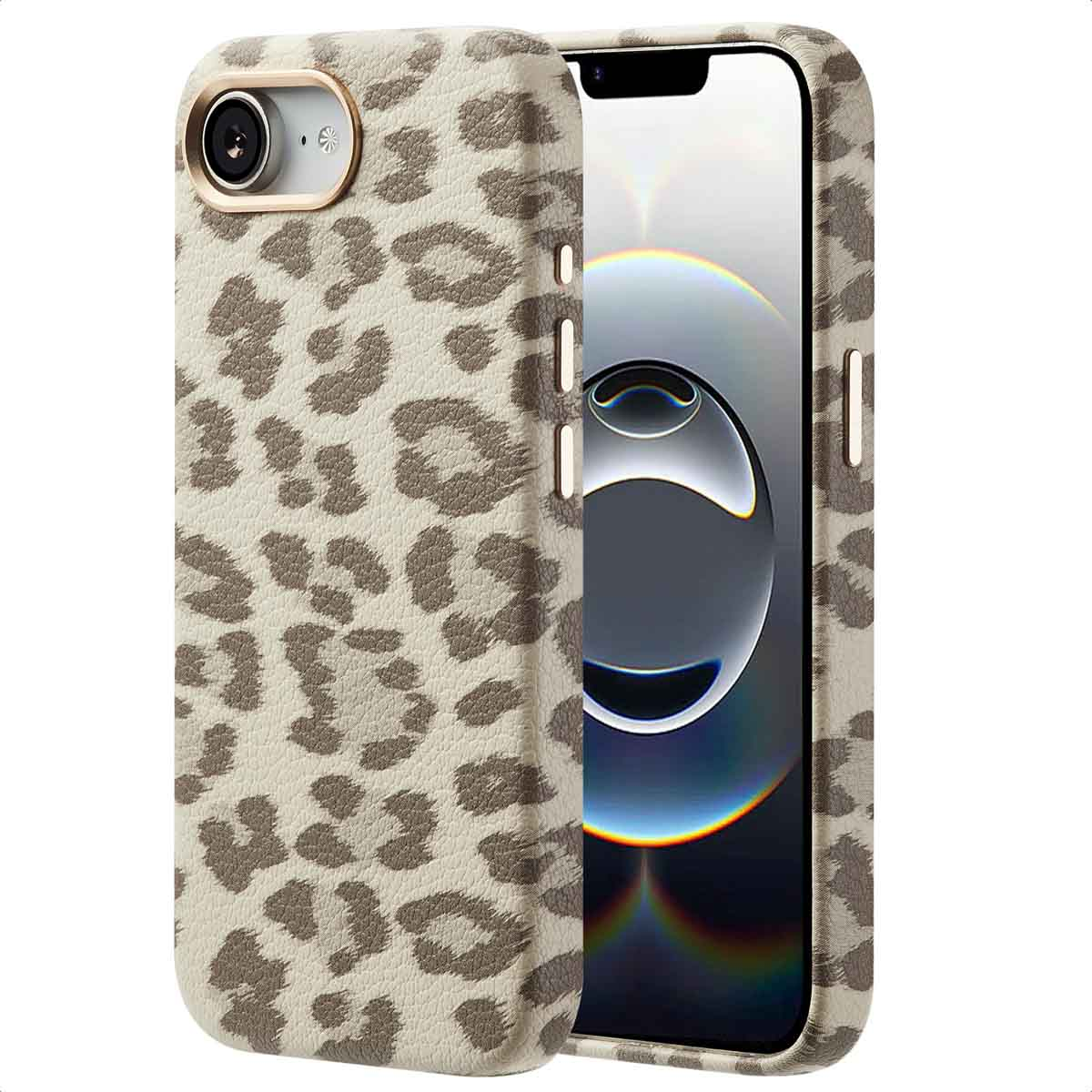 Una custodia per telefono con motivo leopardato, sfondo beige e anello fotocamera dorato.