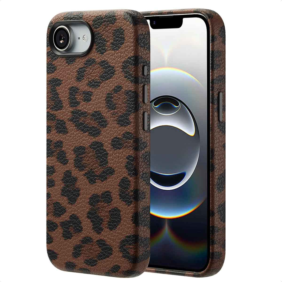 Custodia per telefono marrone con stampa leopardata su un telefono, mostra l'obiettivo della fotocamera e lo schermo.
