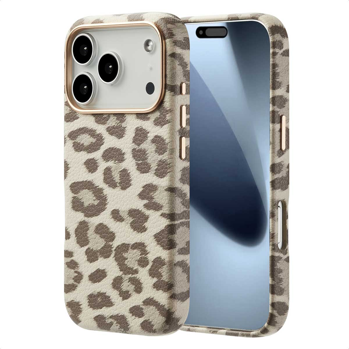 Un telefono in una custodia con stampa leopardata con finiture dorate, posto su una superficie.