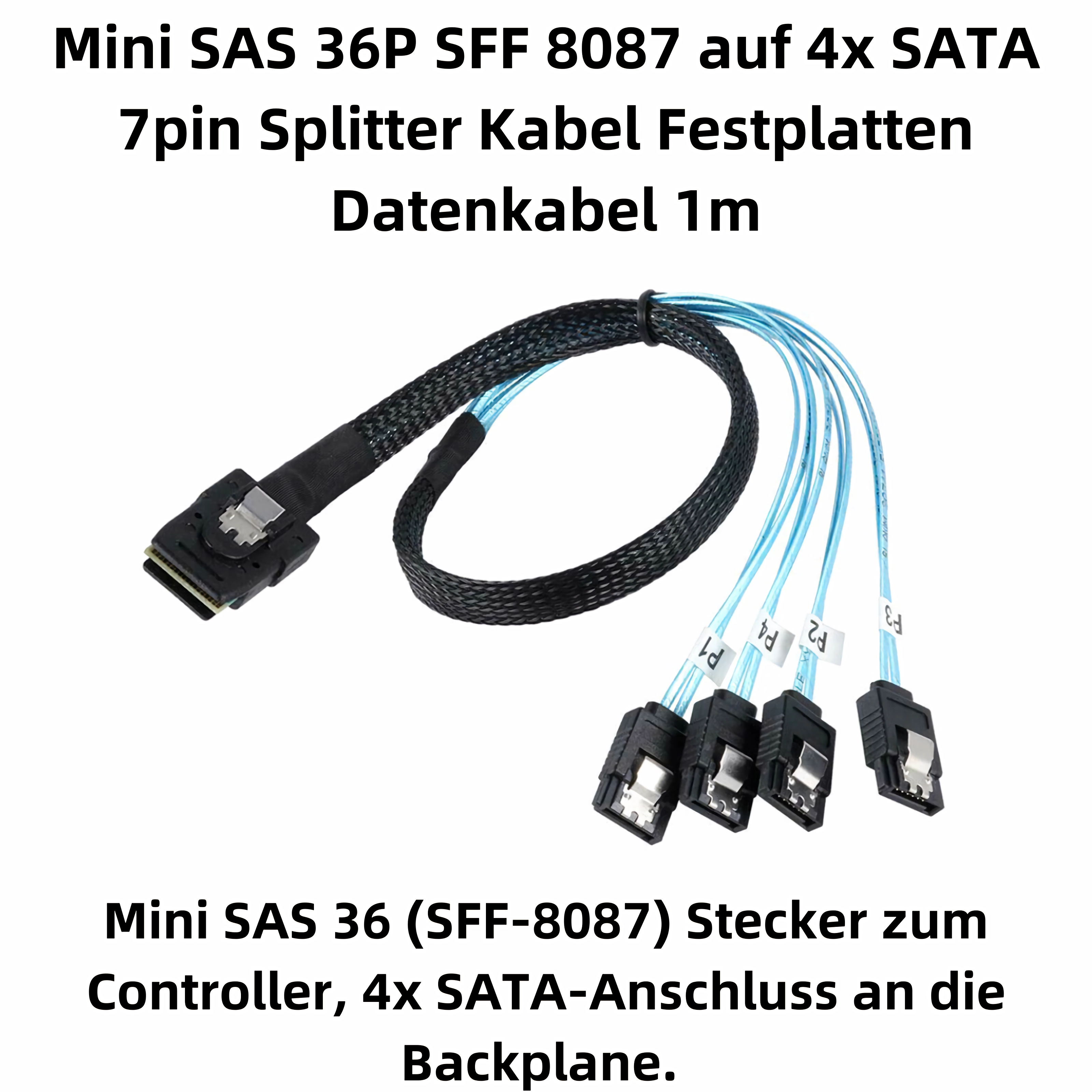 Schwarzes Kabel teilt sich in vier blaue Kabel mit Anschlüssen auf weißem Grund.