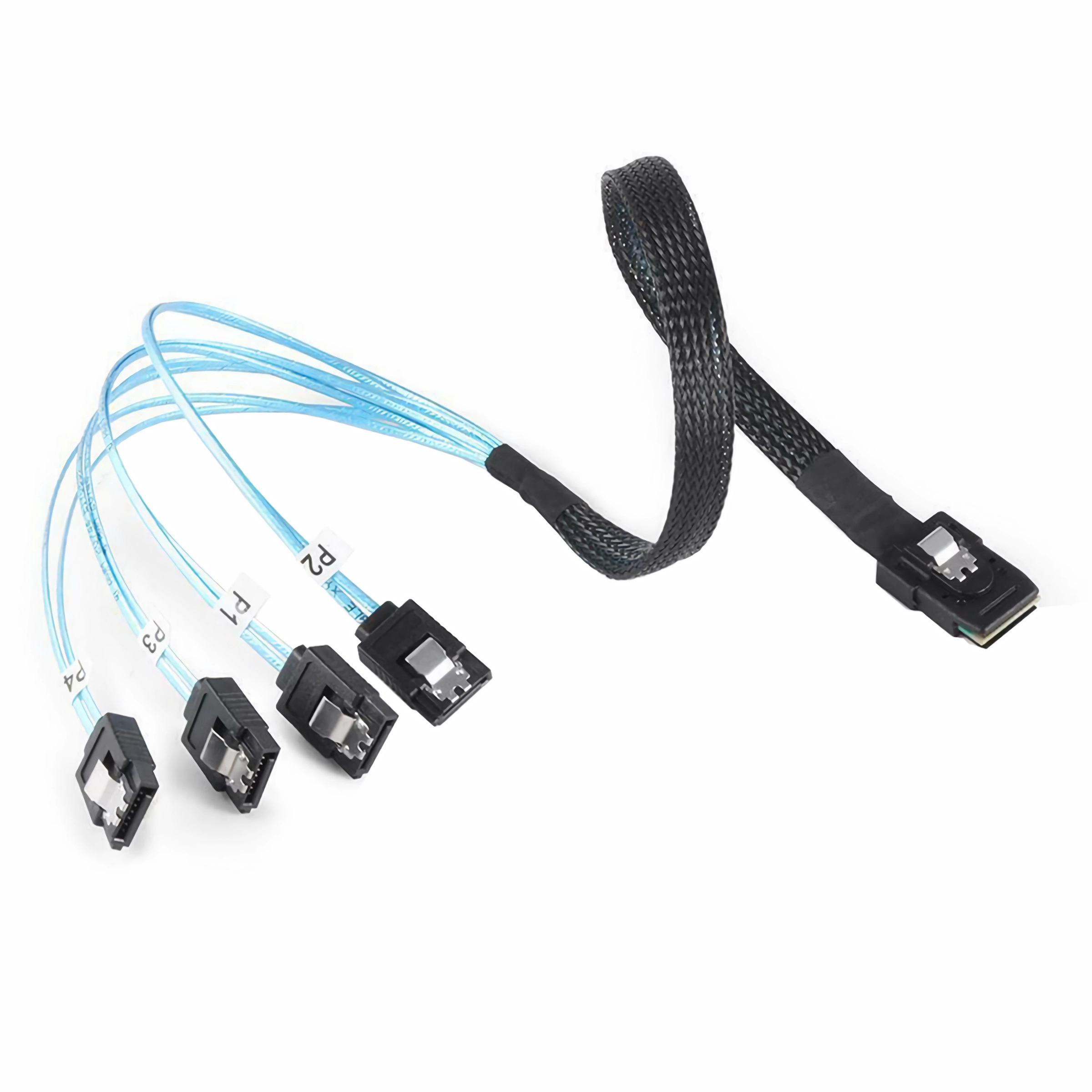 Weißer Hintergrund zeigt ein schwarzes Kabel, das sich in vier blaue Kabel aufteilt.
