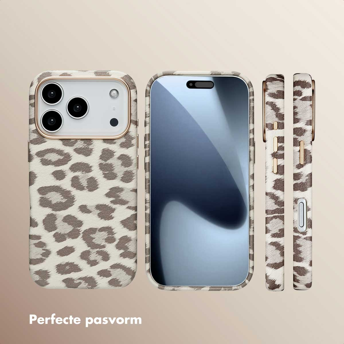 Tre telefoni con custodie con stampa leopardata. Il testo dice 'Vestibilità perfetta'.