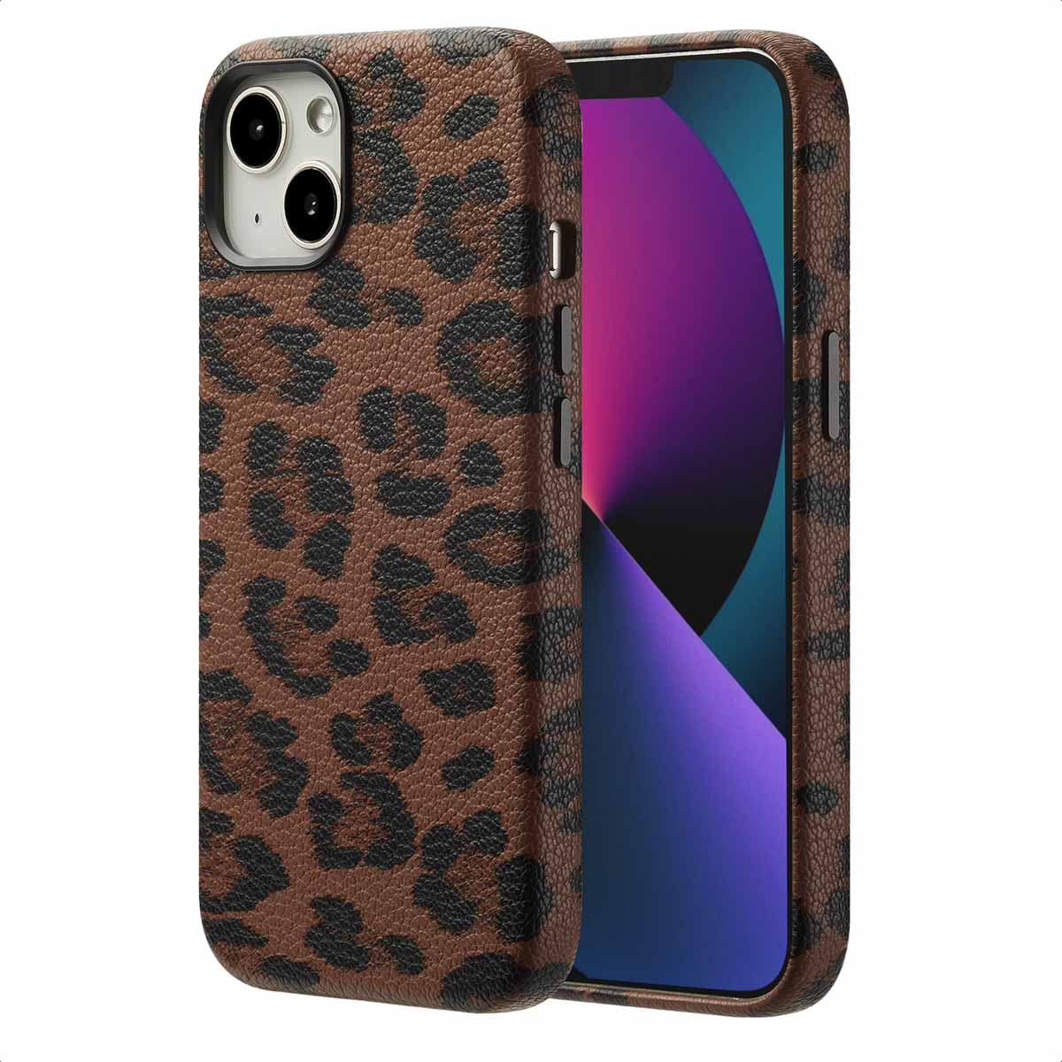 Bruine telefoonhoes met luipaardprint, beschermt het scherm van de telefoon.