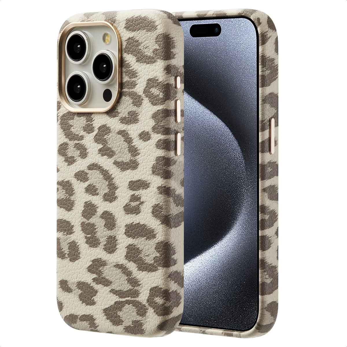 Telefoonhoesje met luipaardprint, beige en bruin van kleur.