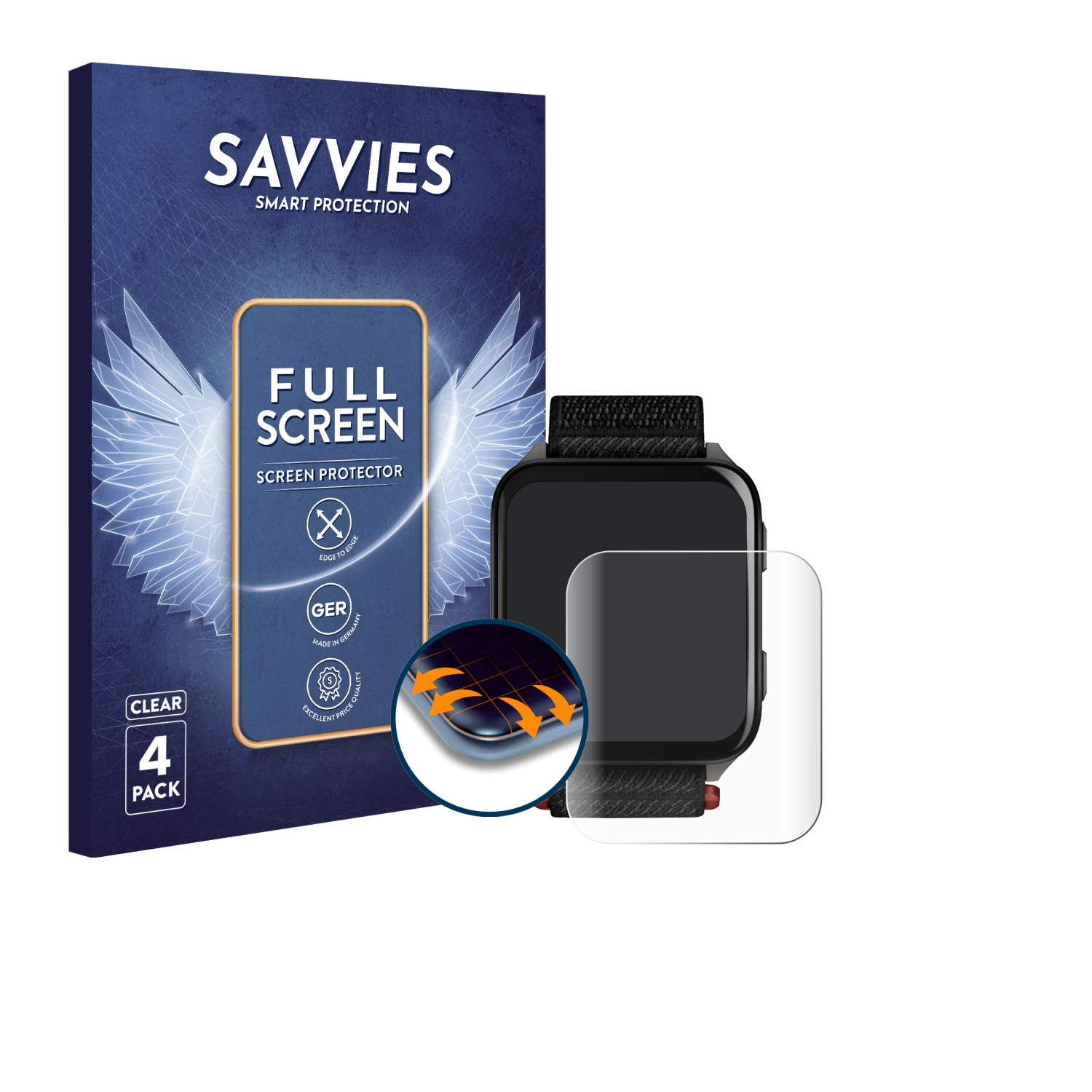 Eine Smartwatch mit Displayschutzfolie und Verpackung. Die Displayschutzfolie ist klar und die Verpackung ist blau.