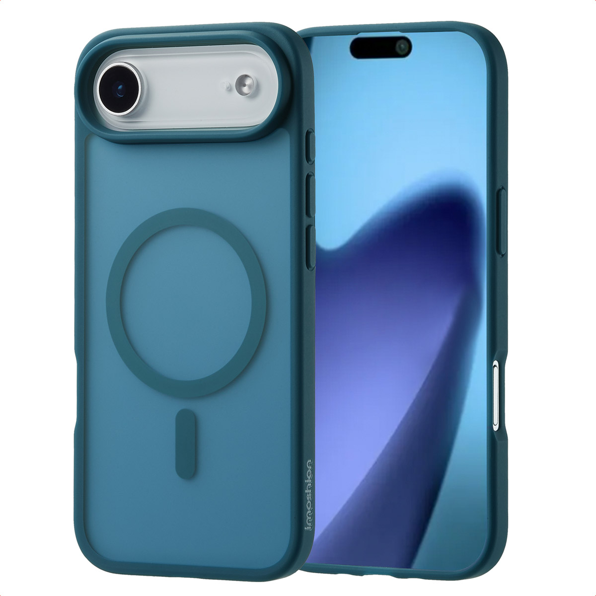 Een teal telefoonhoesje met een telefoon erin. De hoes heeft een camera-uitsparing en een circulair ontwerp.