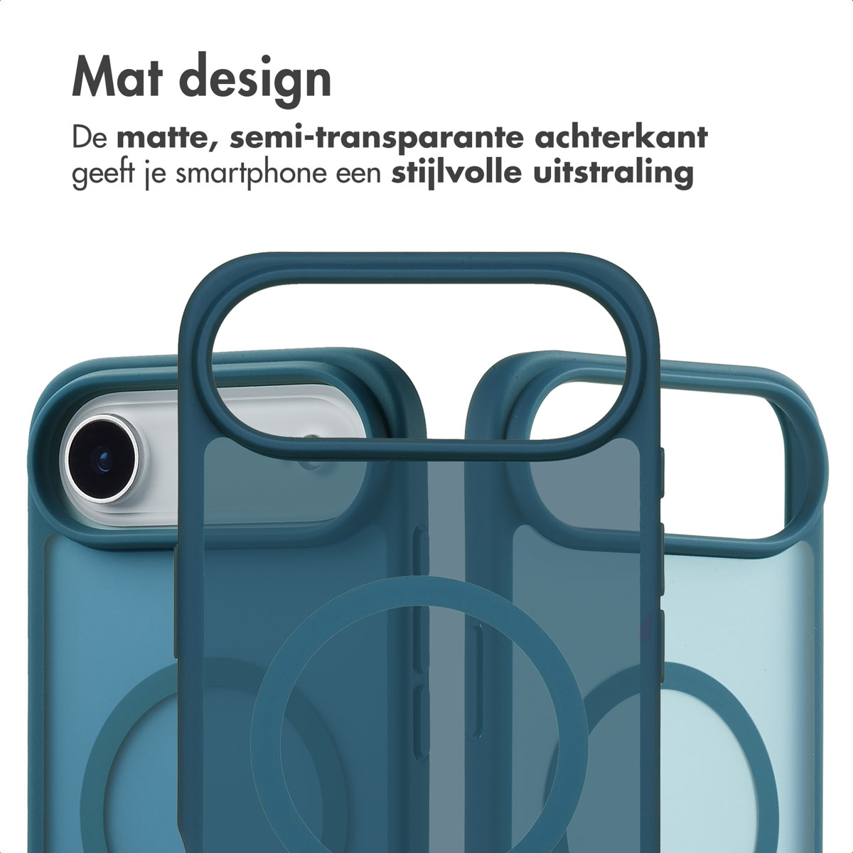 Drie telefoonhoesjes met een camera-uitsparing en een circulair ontwerp. De hoesjes zijn teal en blauw. Er staat tekst boven.
