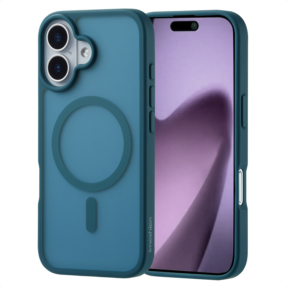 Een teal telefoonhoesje met een telefoon erin. De hoes heeft een camera-uitsparing en een circulair ontwerp.