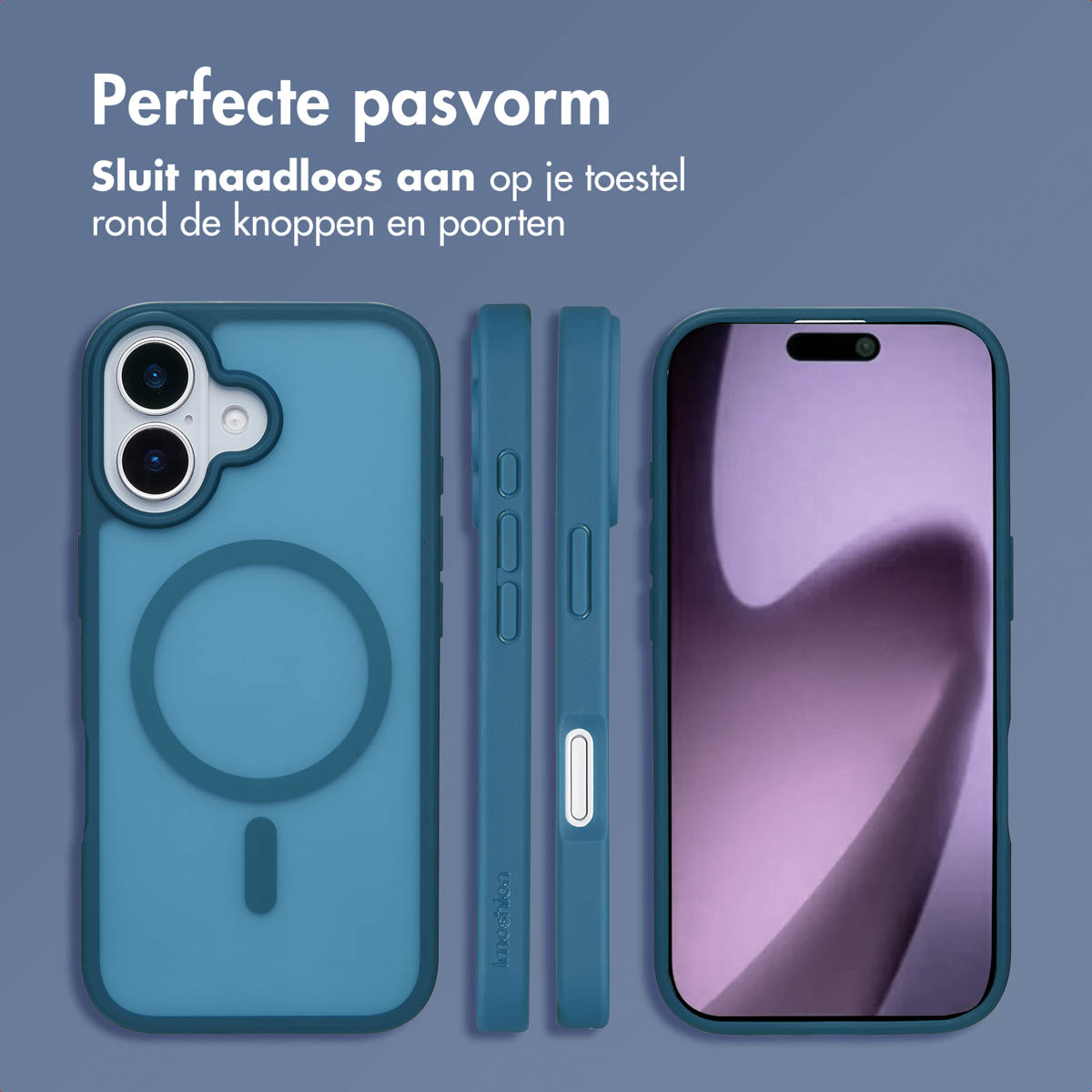Drie telefoonhoesjes met een telefoon erin. De hoesjes zijn teal en hebben een camera-uitsparing. De telefoon is paars.
