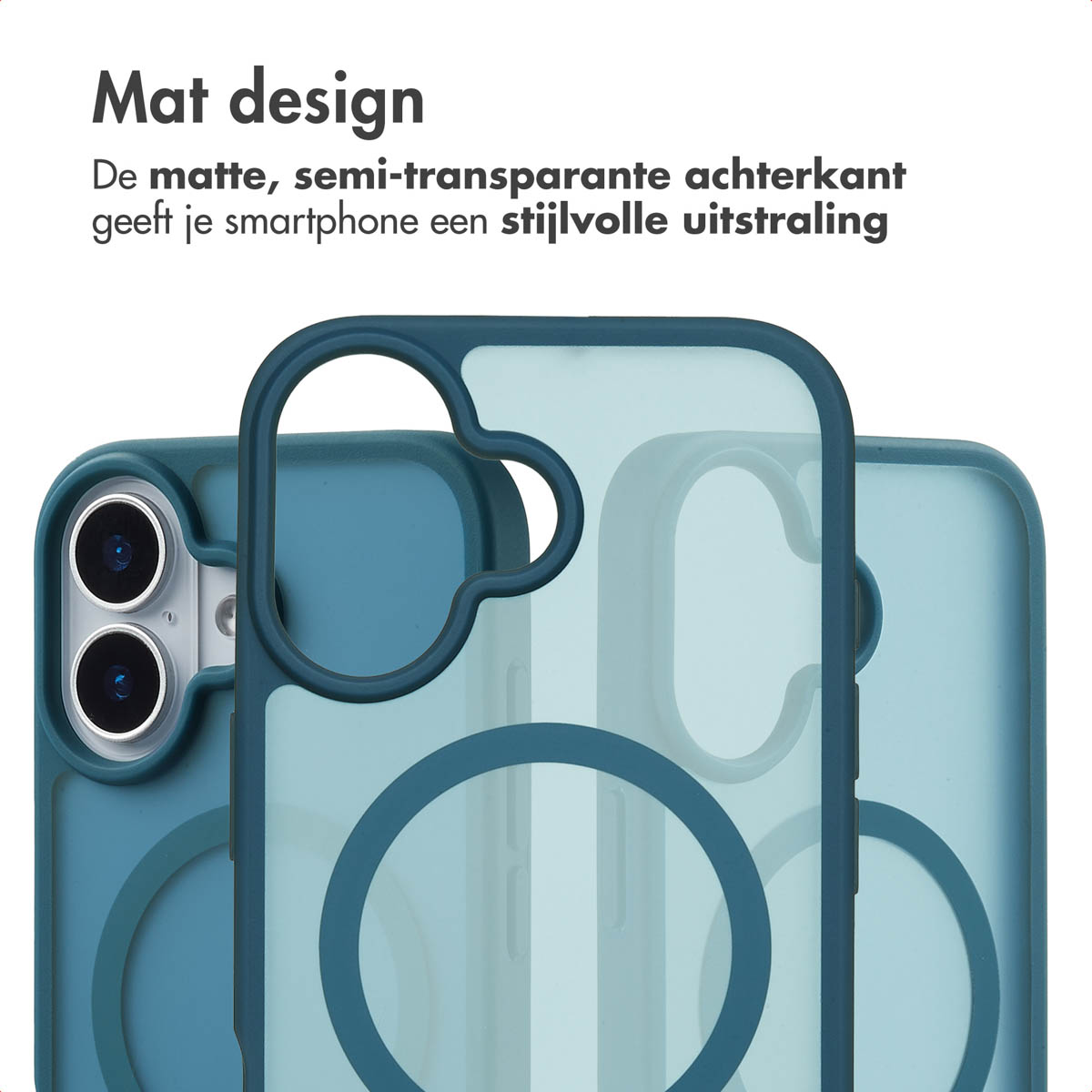 Close-up van blauwgroene telefoonhoesjes, met een mat design. De hoesjes hebben een transparante achterkant.