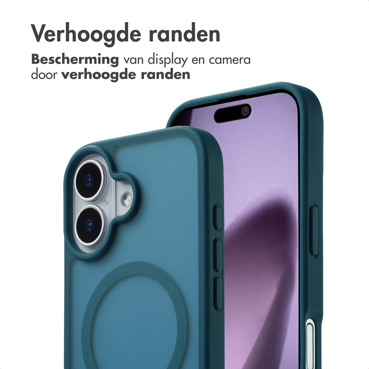 Twee telefoonhoesjes met een telefoon erin. De hoesjes zijn teal en de telefoon is paars. Verhoogde randen zijn zichtbaar.