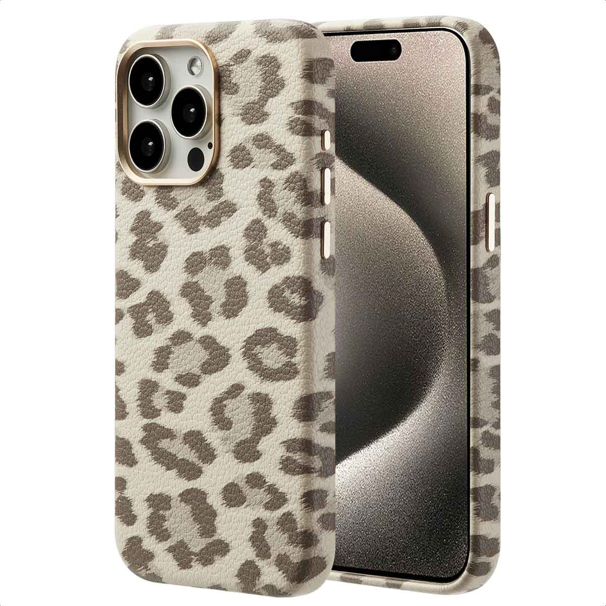 Un téléphone dans une coque beige à imprimé léopard. La coque recouvre le téléphone.