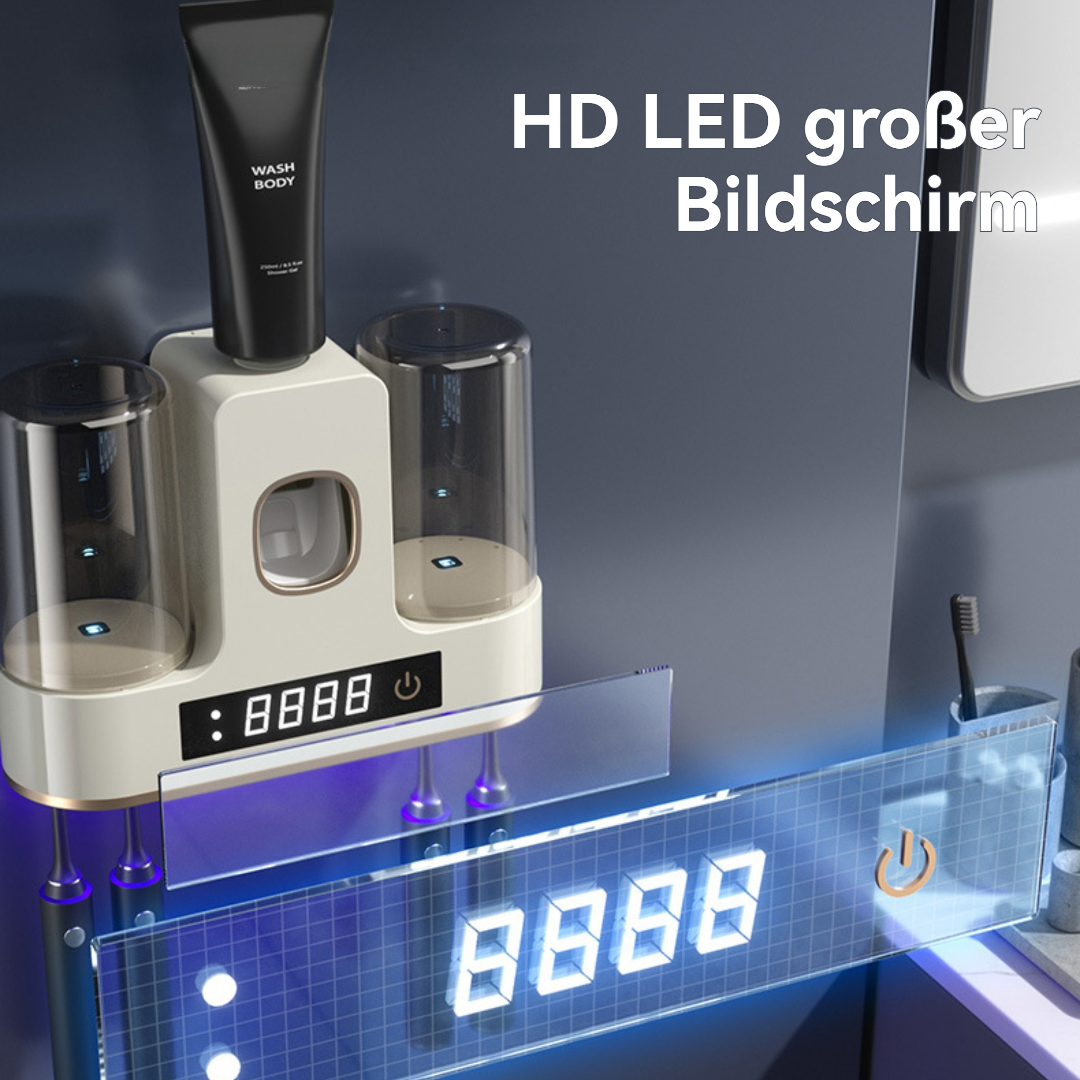 Weiß-beiger Zahnbürstenhalter mit Digitaluhr und Tube Gesichtswäsche.
