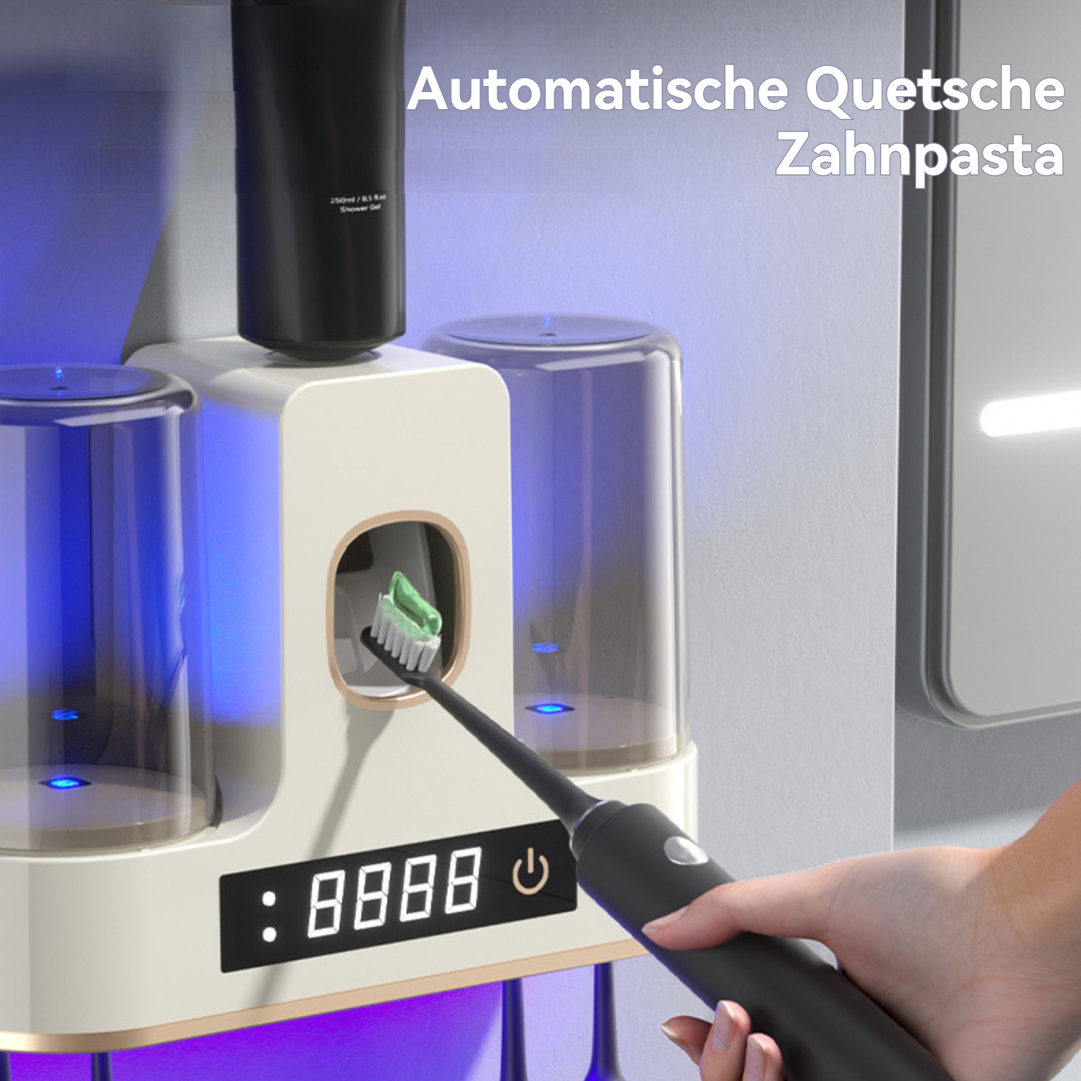 Eine Person drückt Zahnpasta mit einem Spender auf eine Zahnbürste.