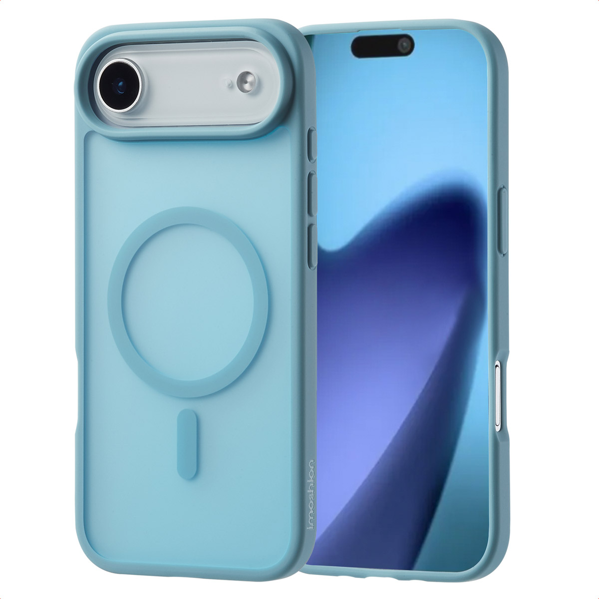 Lichtblauwe telefoonhoes met een doorzichtige achterkant en een lichtblauwe iPhone.