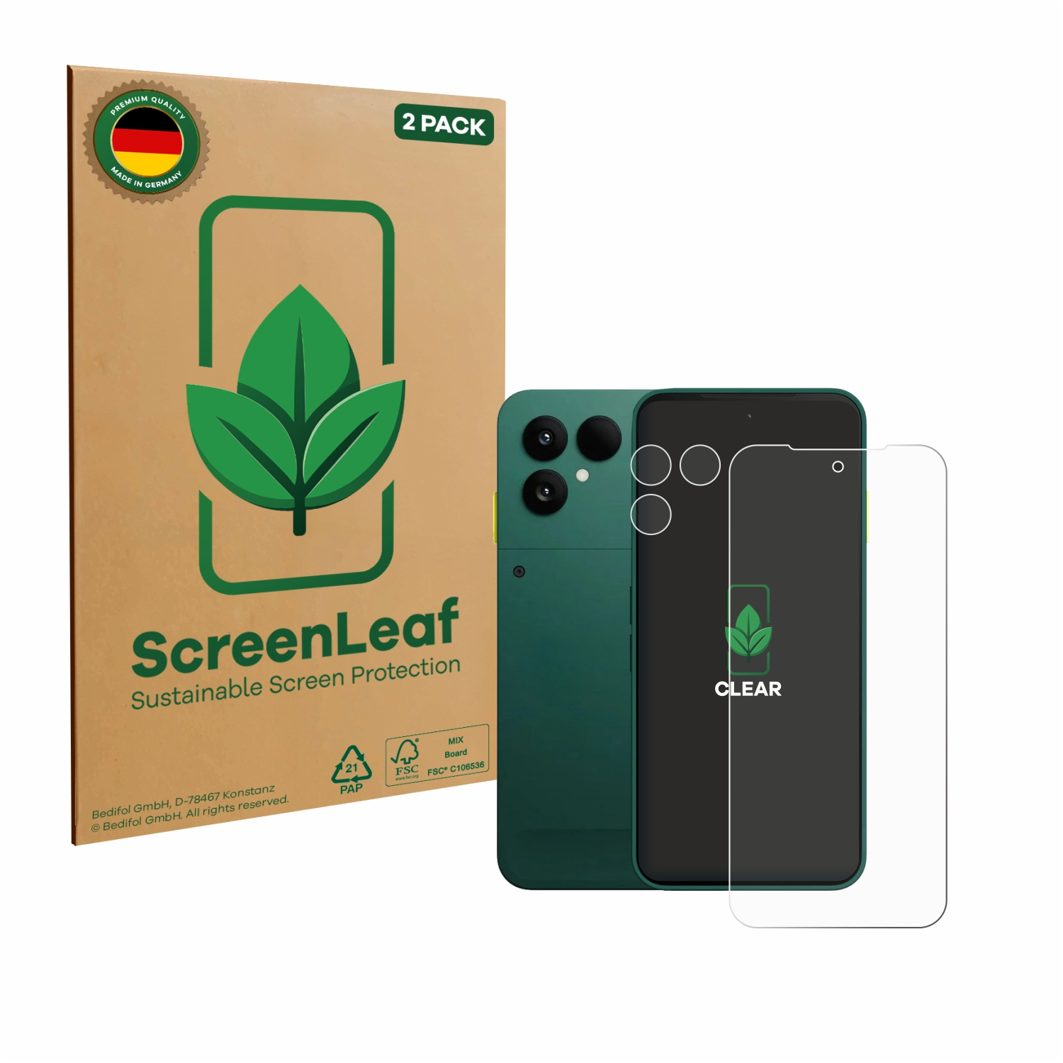 Zwei Displayschutzfolien in einer Verpackung. Ein Telefon mit grünem Rücken und klarer Folie wird gezeigt.